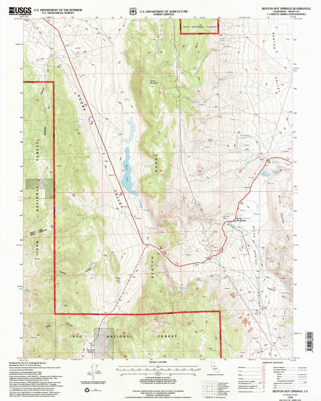 Topographic sheet of Benton Hot Springs, surveyed 1994