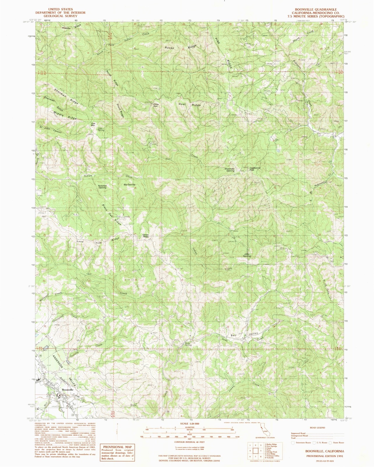 Topographic sheet of Boonville, surveyed 1991