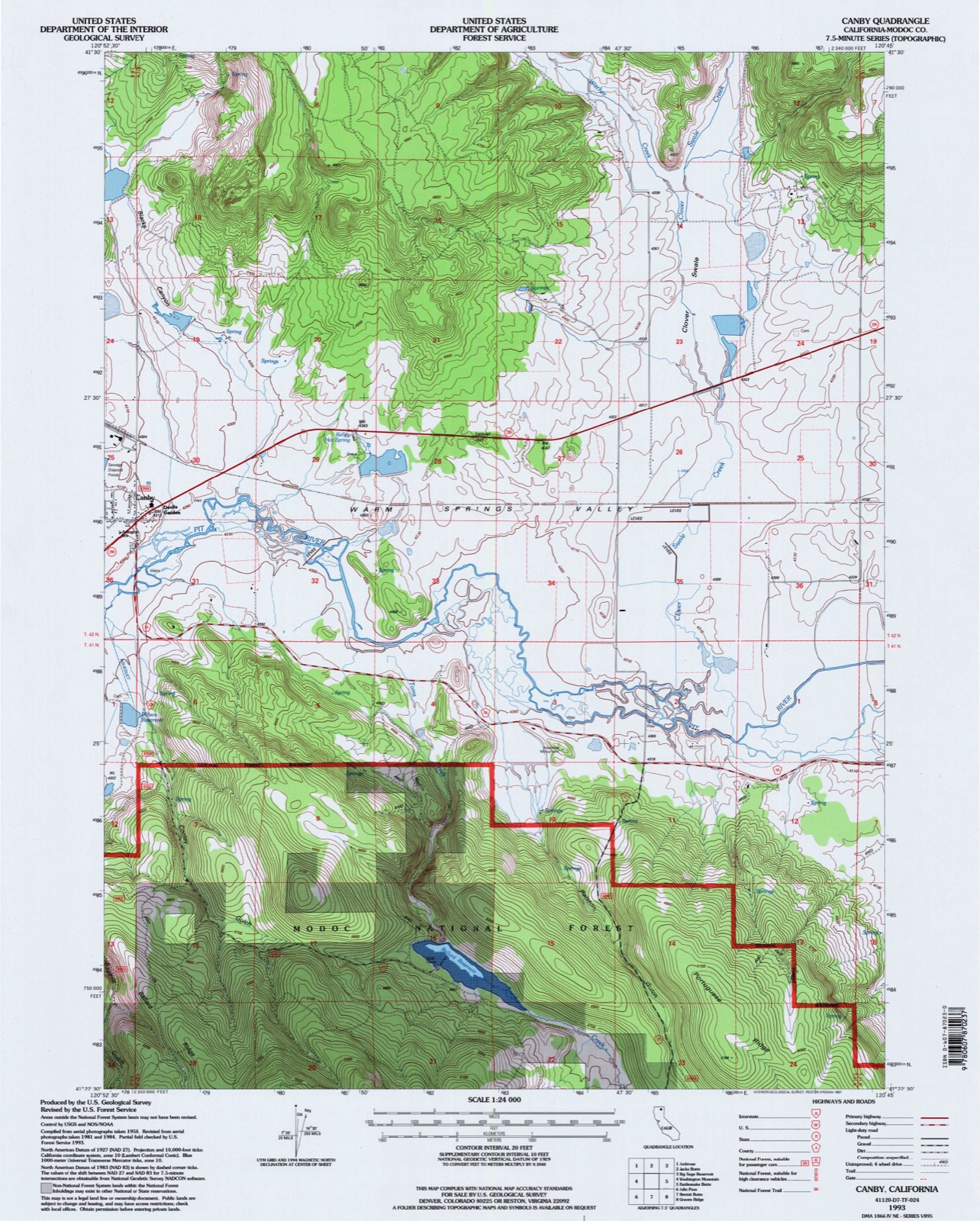 Topographic sheet of Canby, surveyed 1993