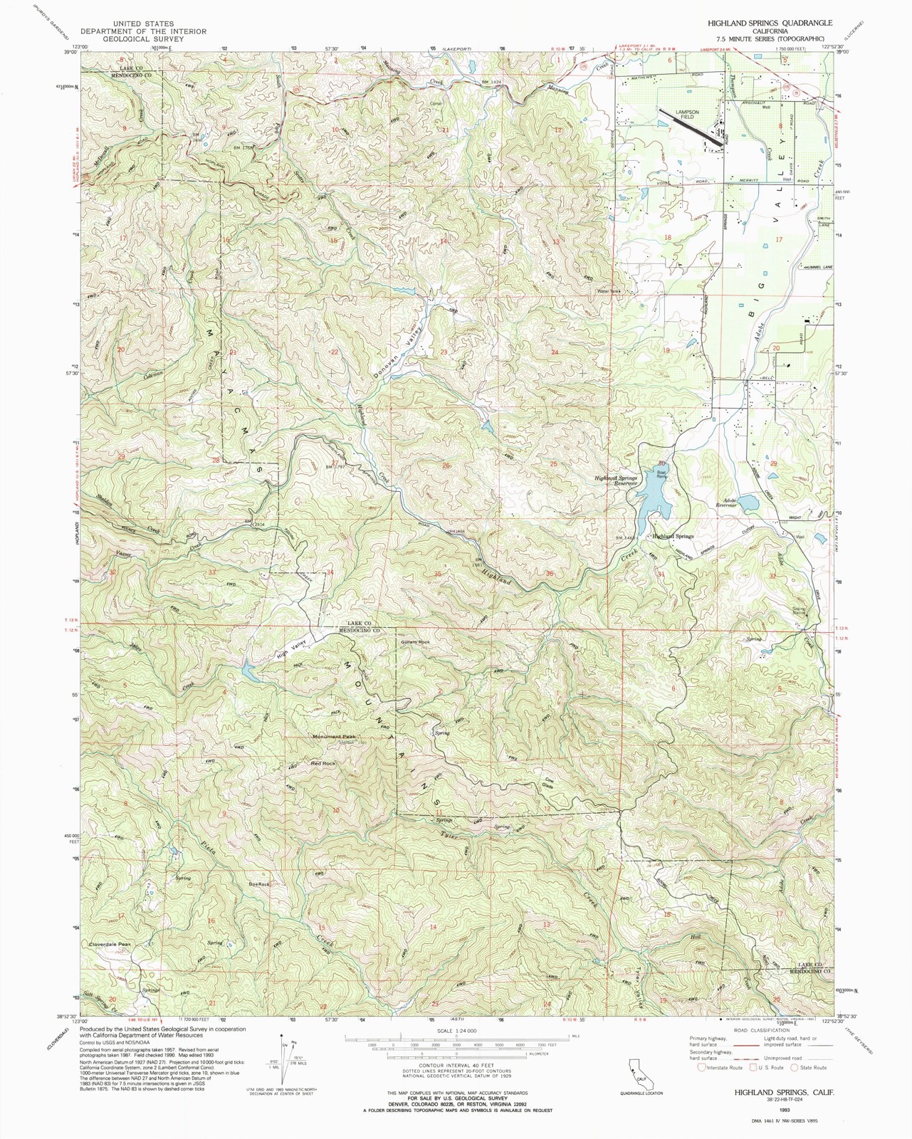 Topographic sheet of Highland Springs, surveyed 1993