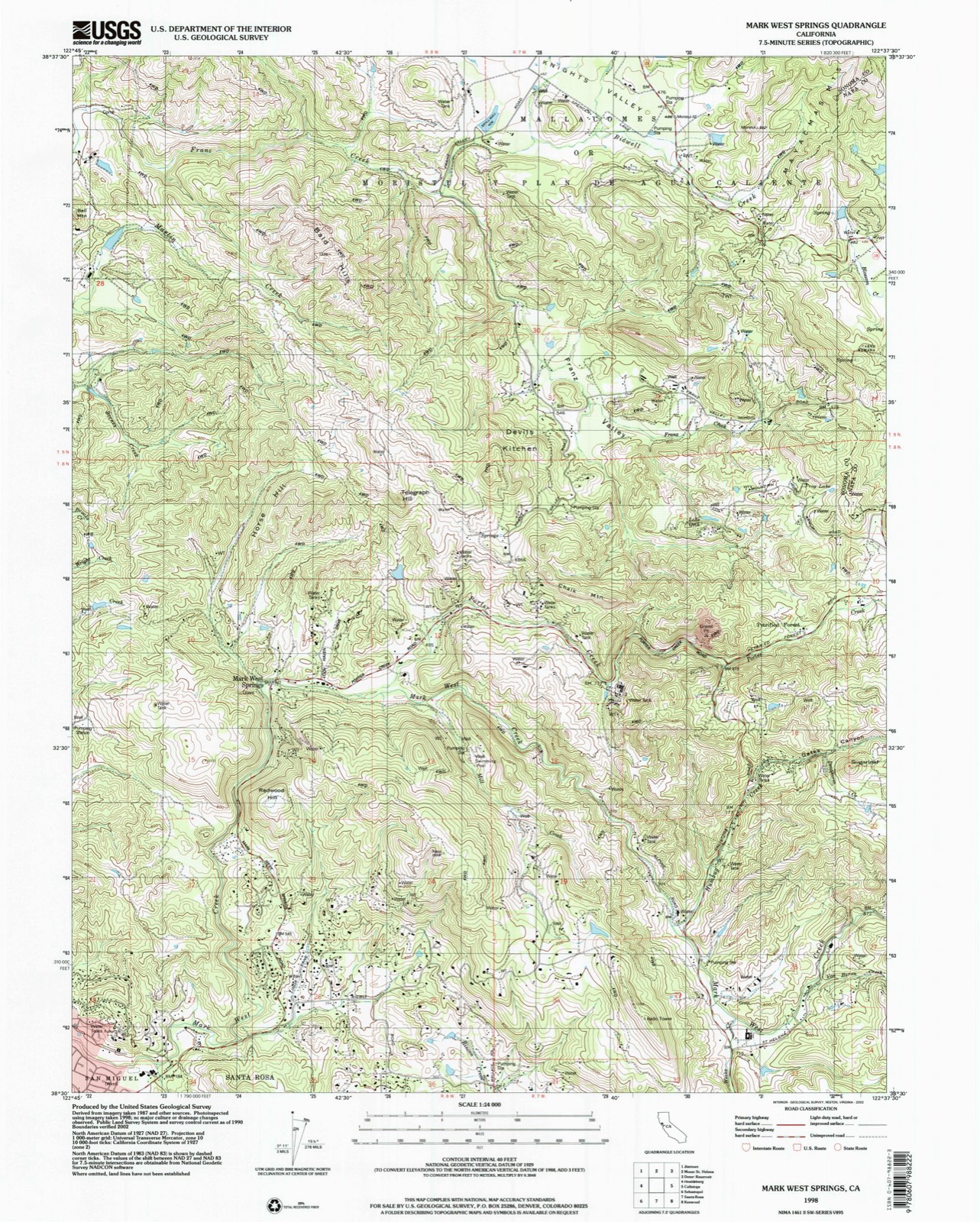 Topographic sheet of Mark West Springs, surveyed 1998