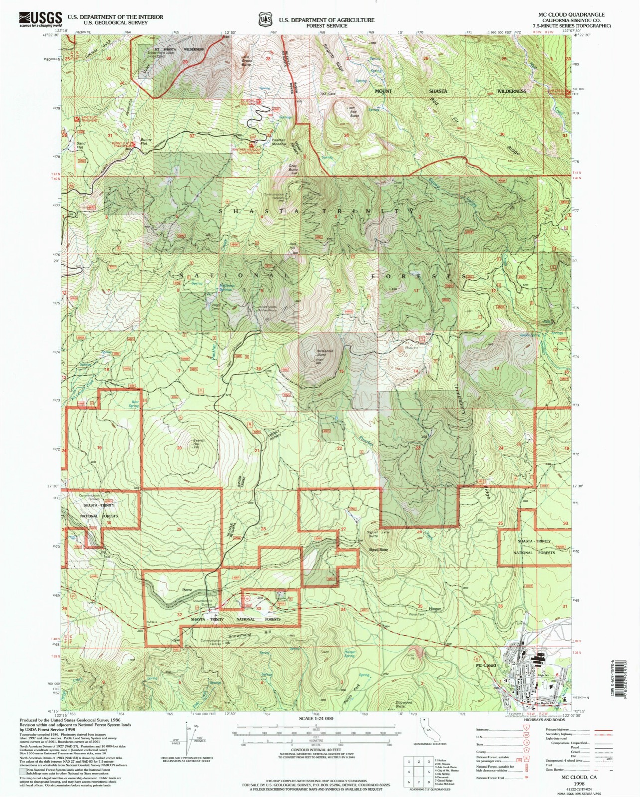 Topographic sheet covering McCloud, surveyed 1998