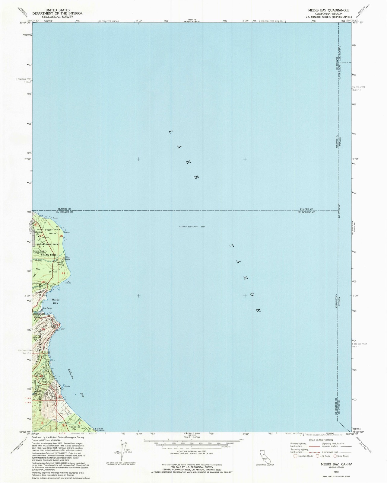 Topographic sheet covering Sugar Pine Point State Park, surveyed 1992