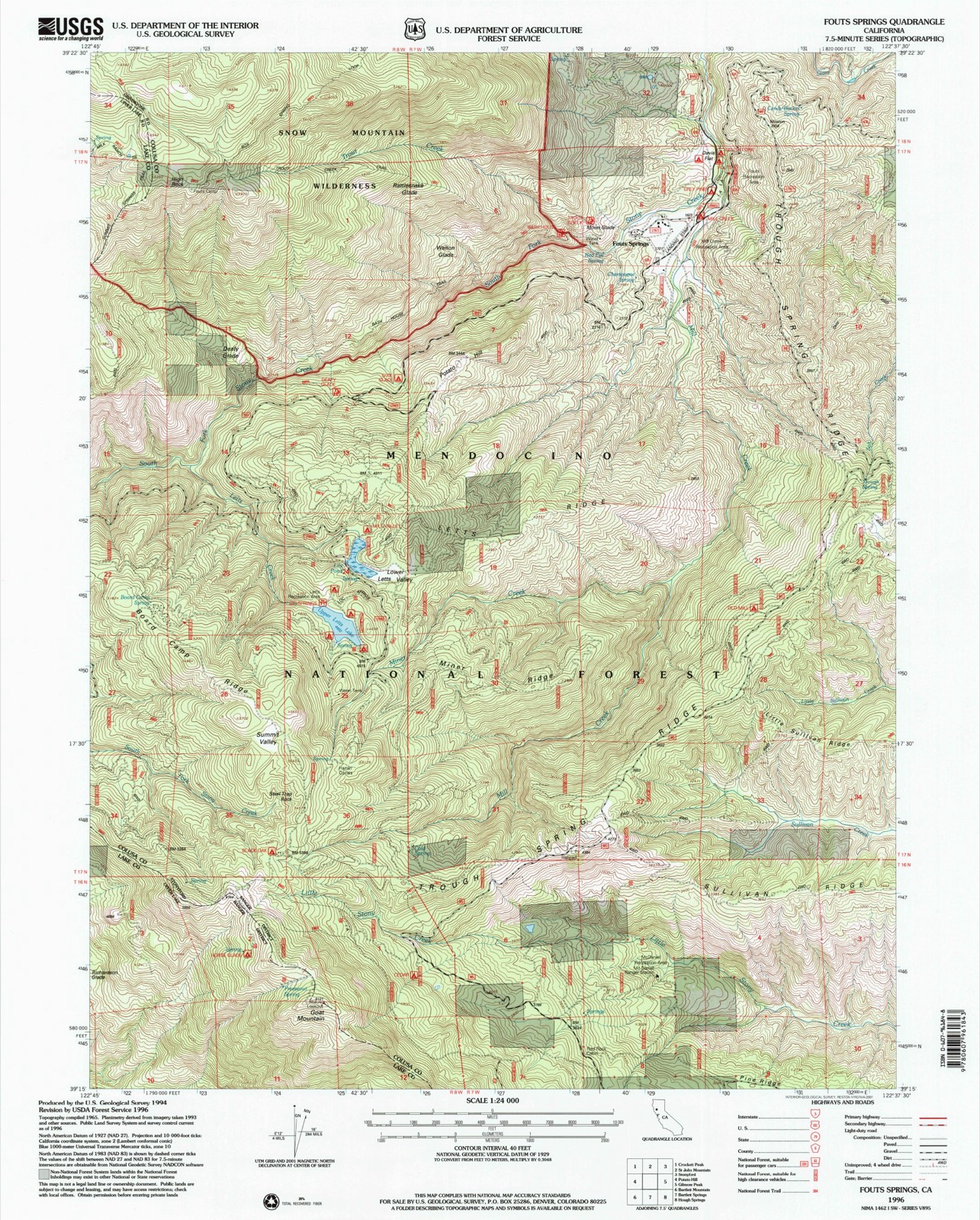 Topographic sheet of Fouts Springs, surveyed 1996