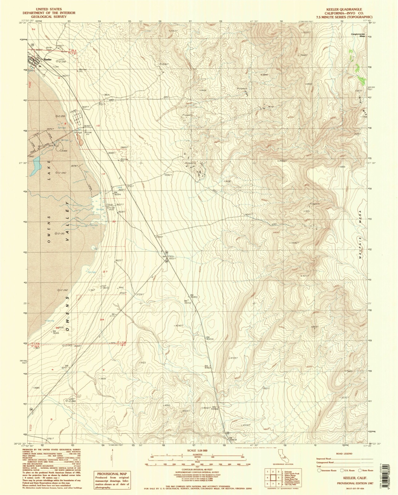 Topographic sheet of Keeler, surveyed 1987