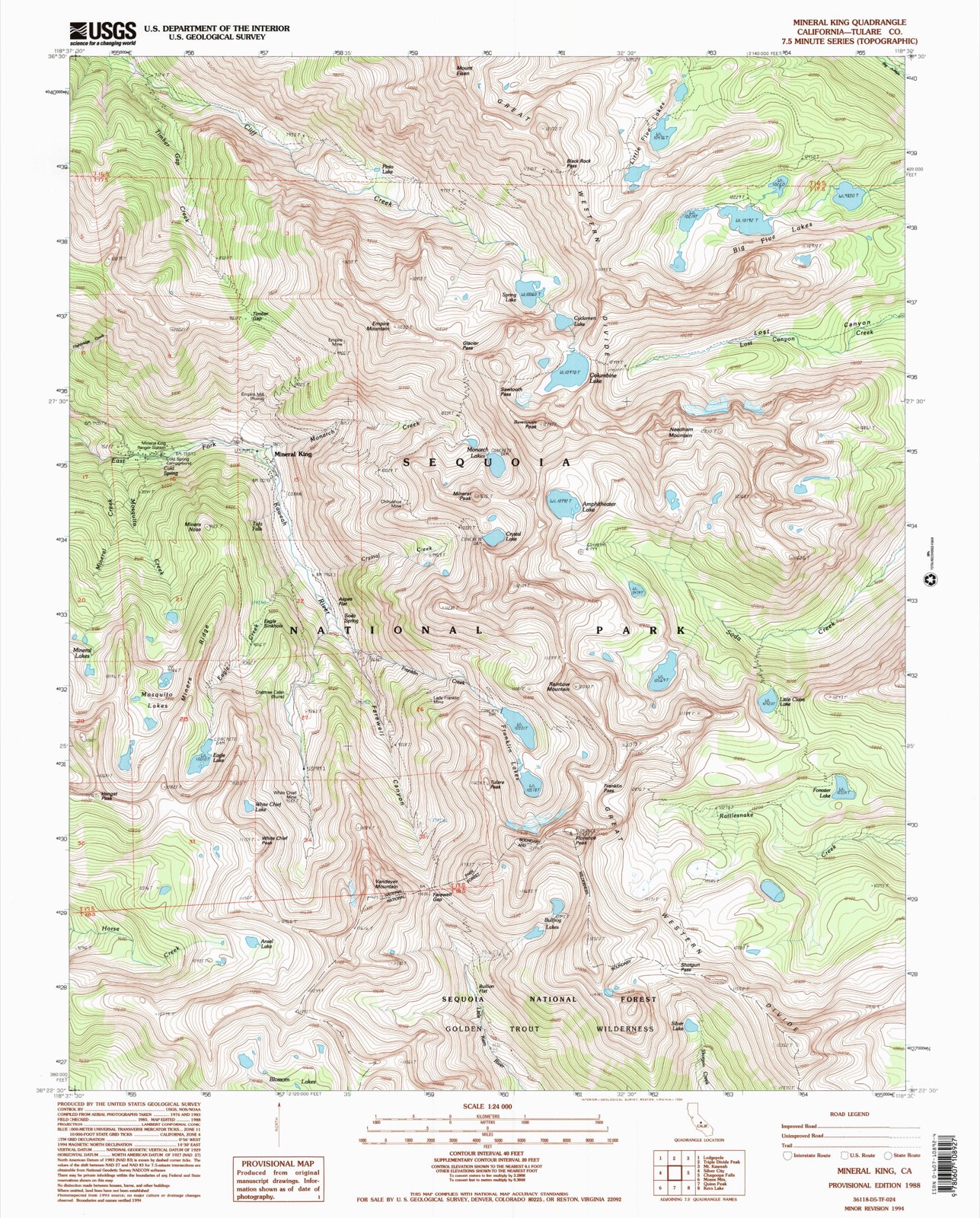 Topographic sheet of Mineral King, surveyed 1988
