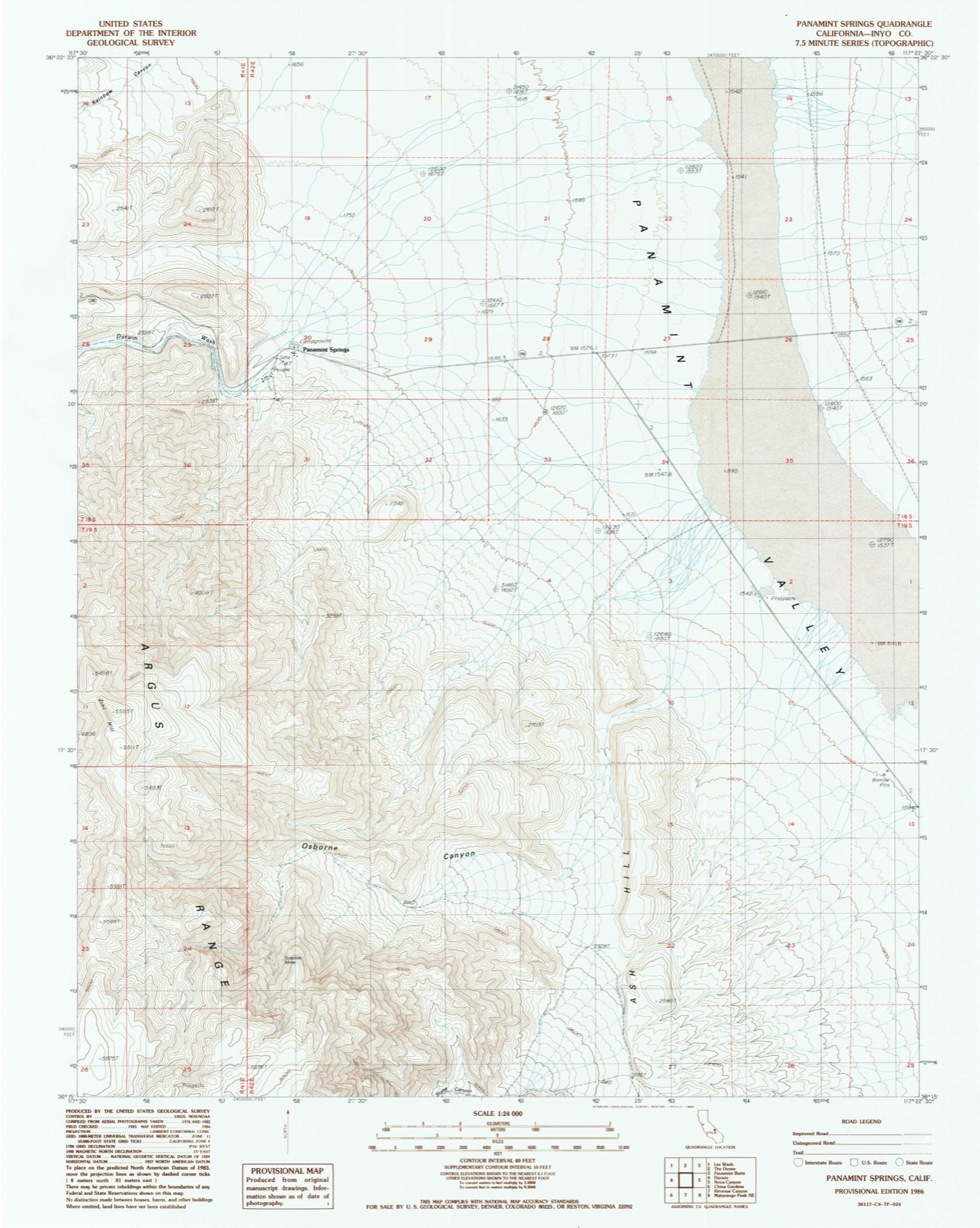 Topographic sheet of Panamint Springs, surveyed 1986