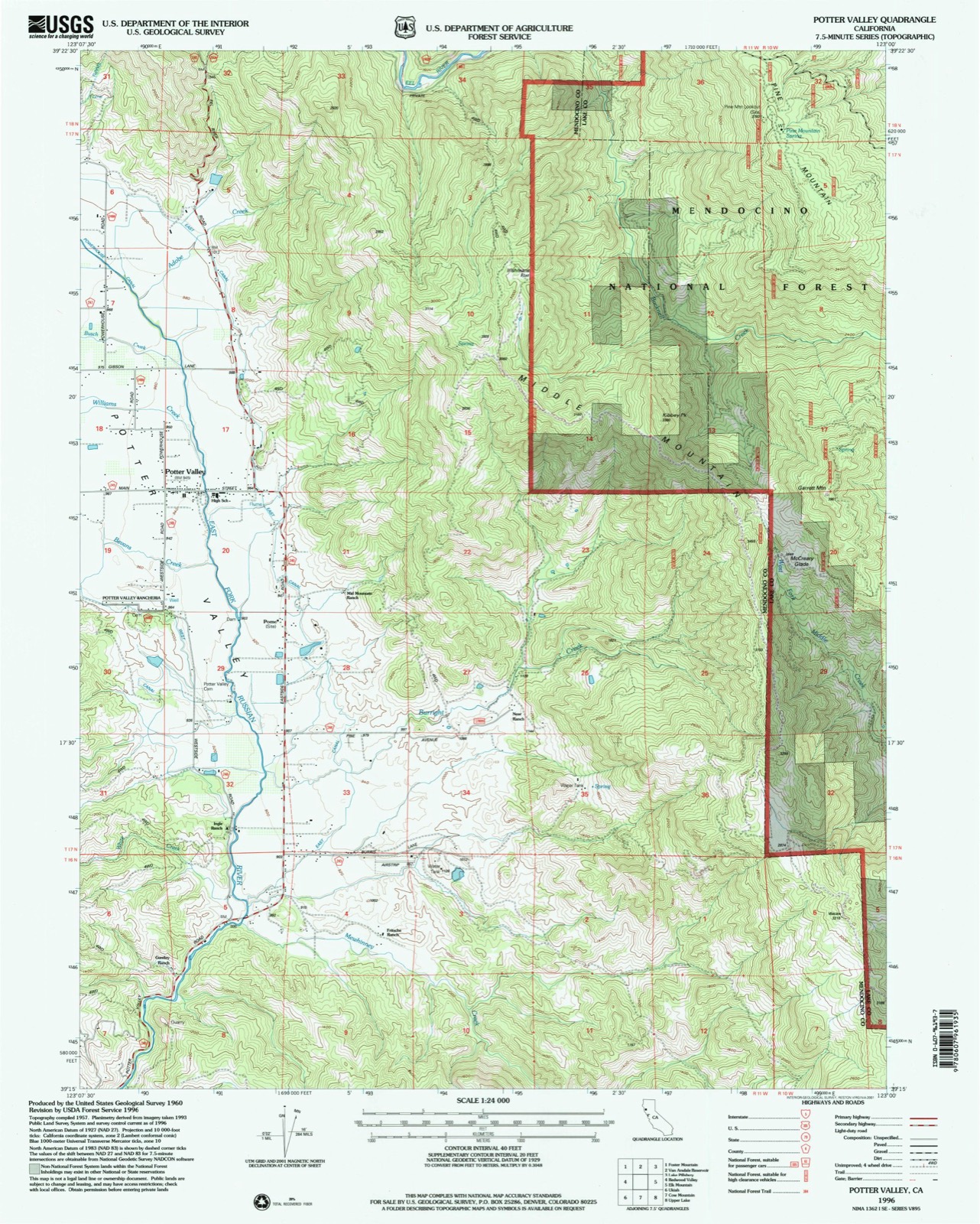 Topographic sheet of Potter Valley, surveyed 1996