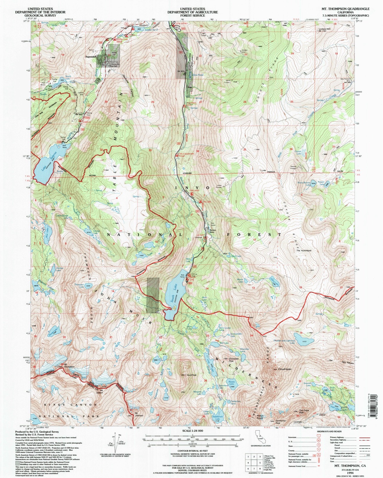 Topographic sheet of Aspendell, surveyed 1994