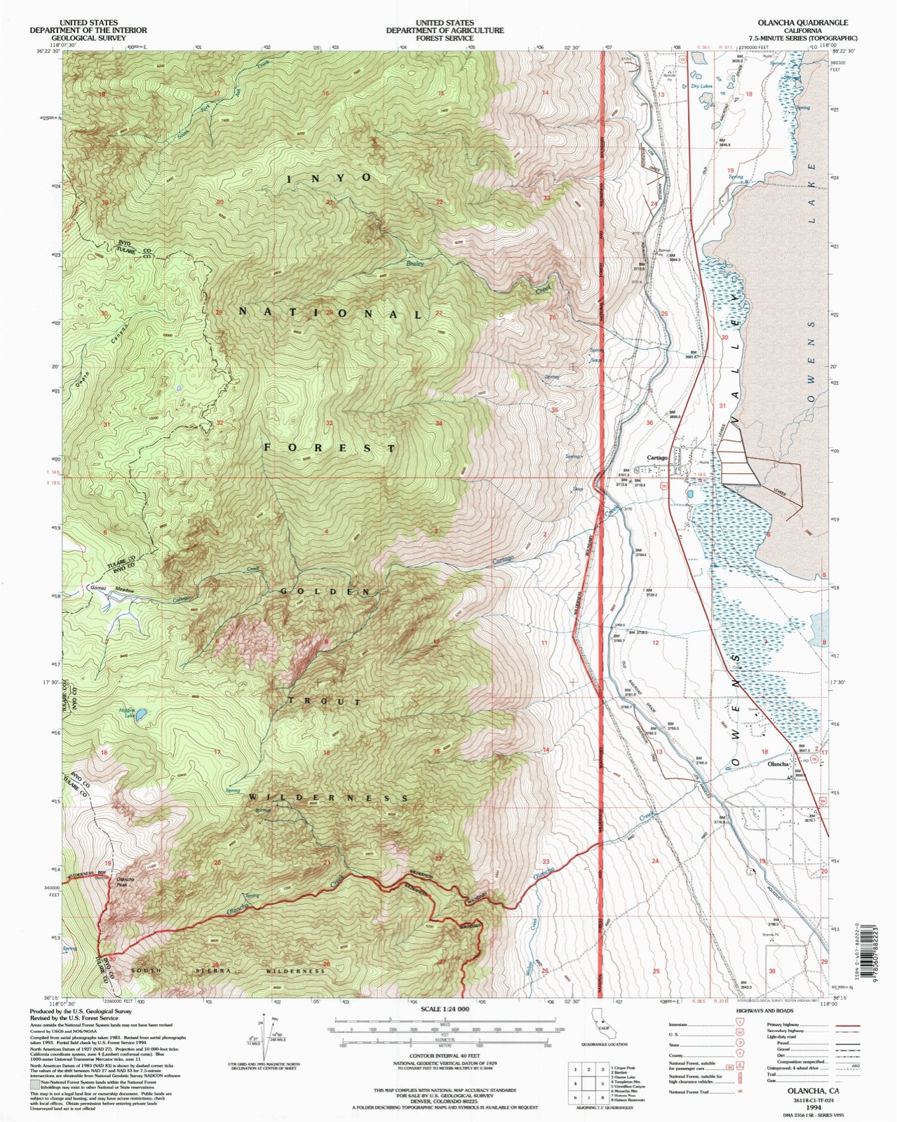 Topographic sheet of Olancha, surveyed 1994