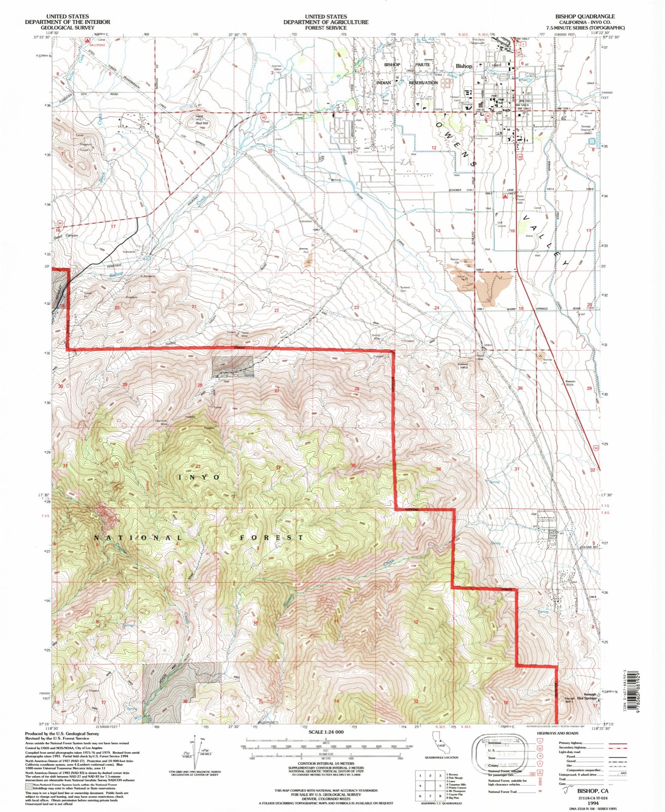 Topographic sheet of West Bishop, surveyed 1994