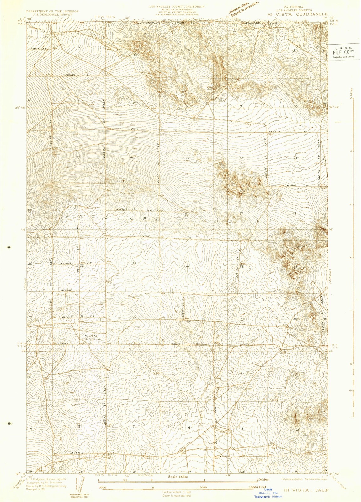Topographic sheet of Hi Vista, surveyed 1931