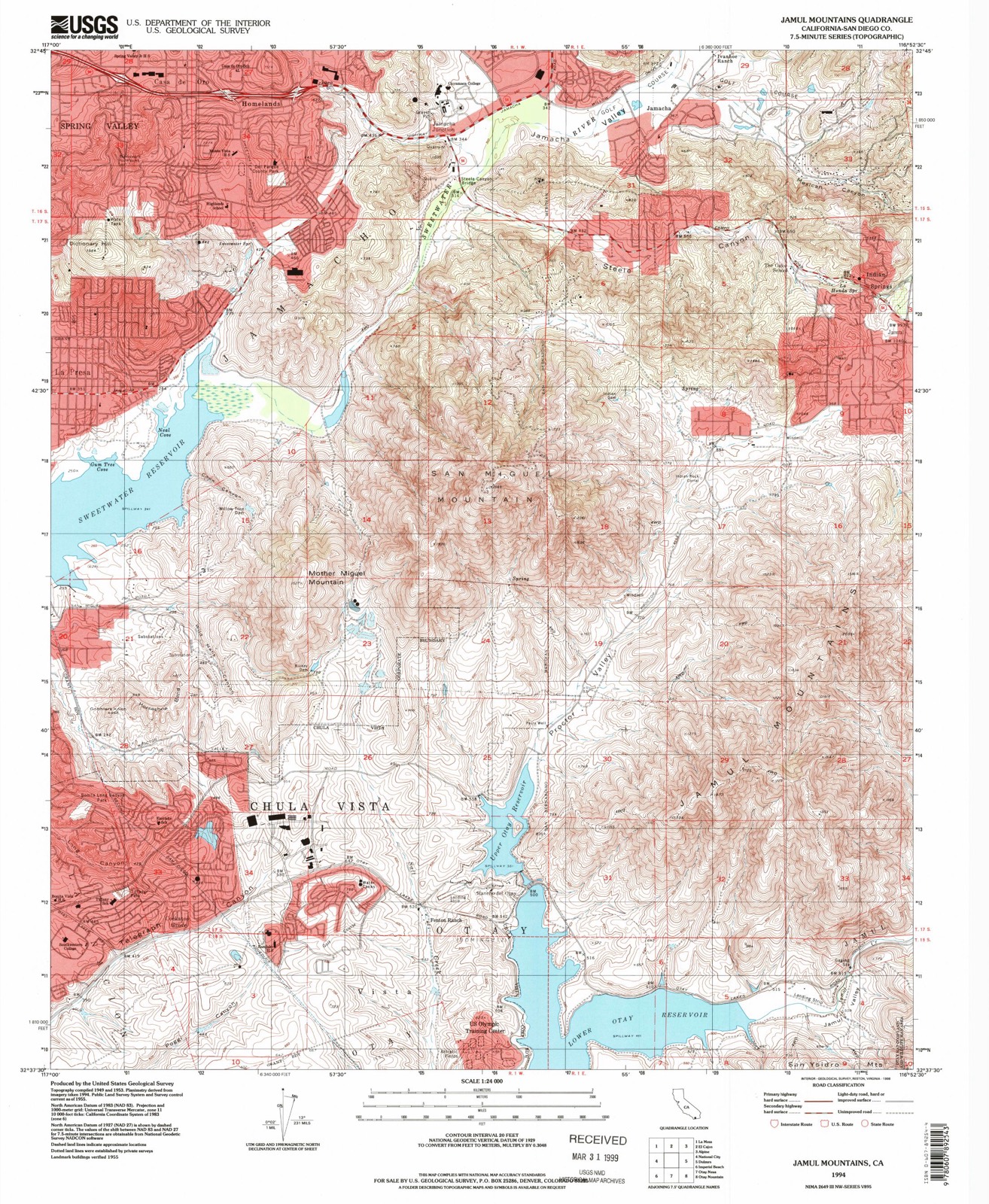 Topographic sheet of Rancho San Diego, surveyed 1994