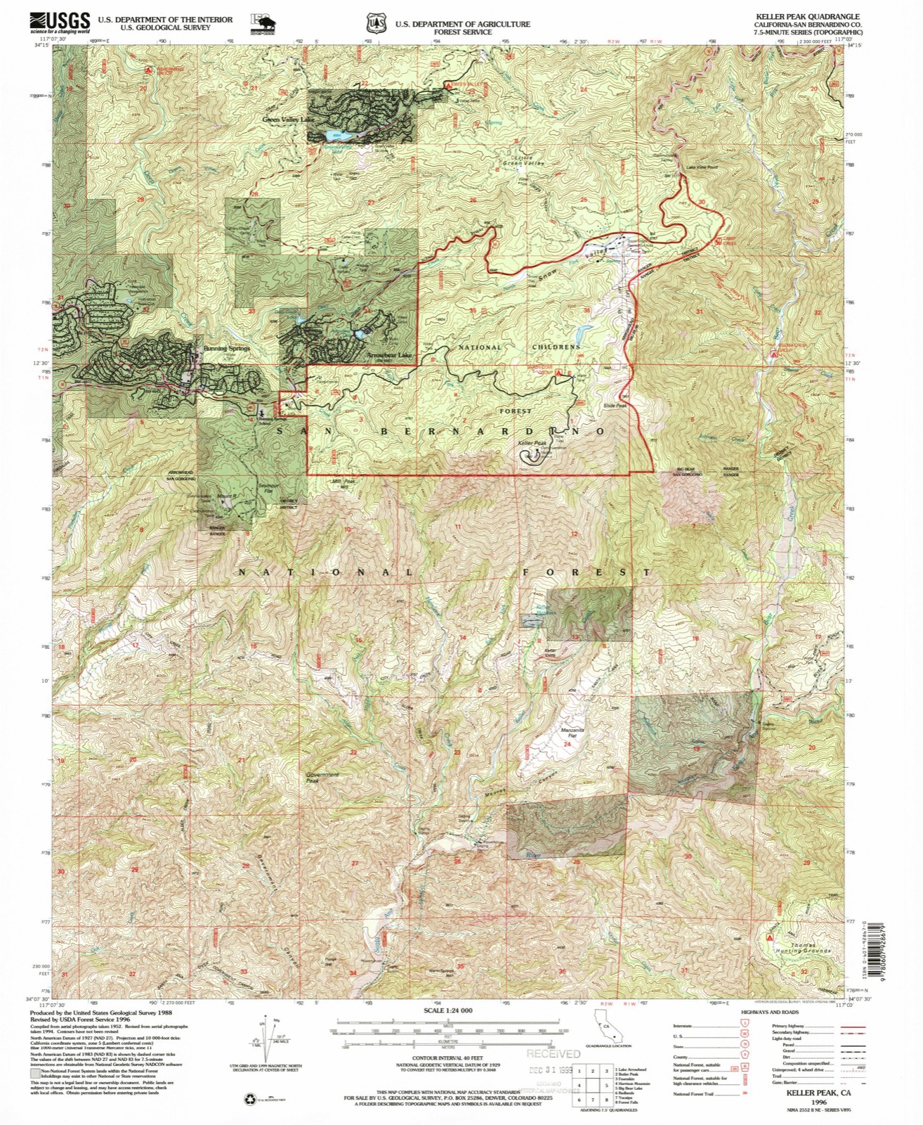 Topographic sheet of Arrowbear Lake, surveyed 1996