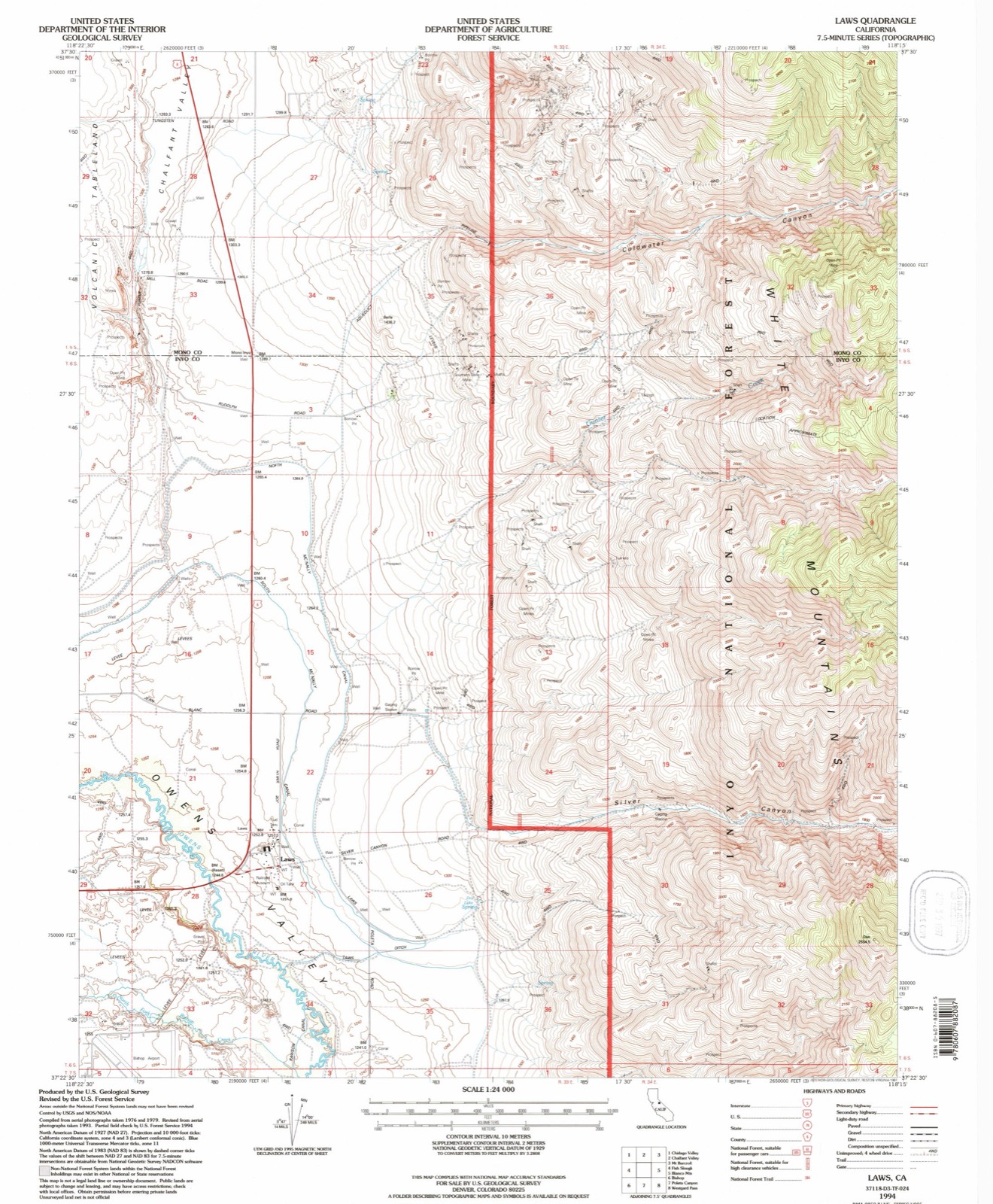 Topographic sheet covering Laws Narrow Gauge Railroad Historic District, surveyed 1994