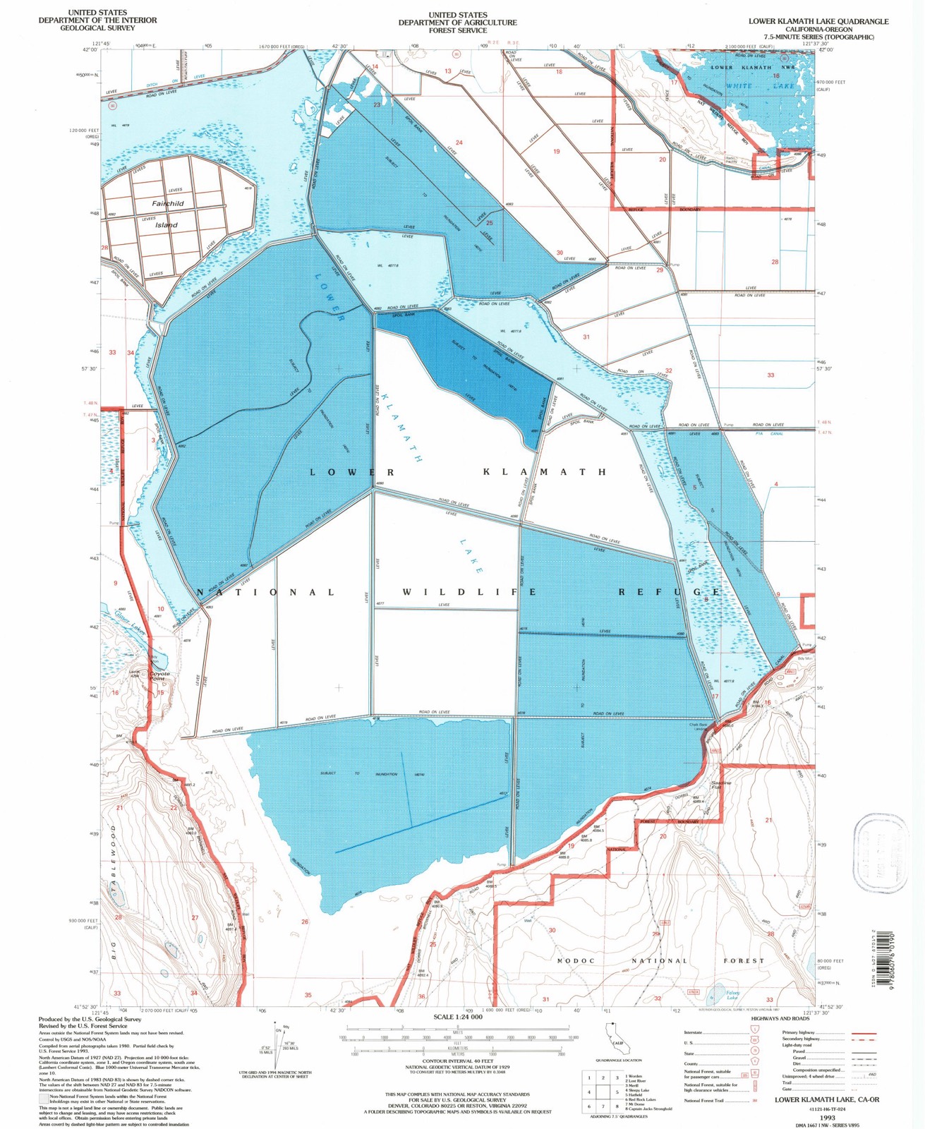 Topographic sheet covering Lower Klamath National Wildlife Refuge, surveyed 1993