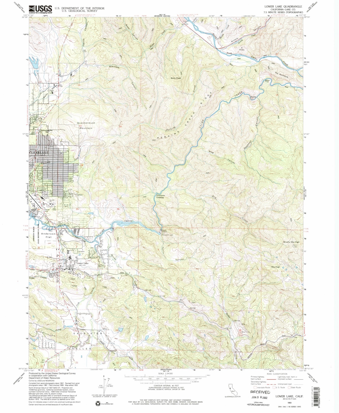 Topographic sheet of Lower Lake, surveyed 1993