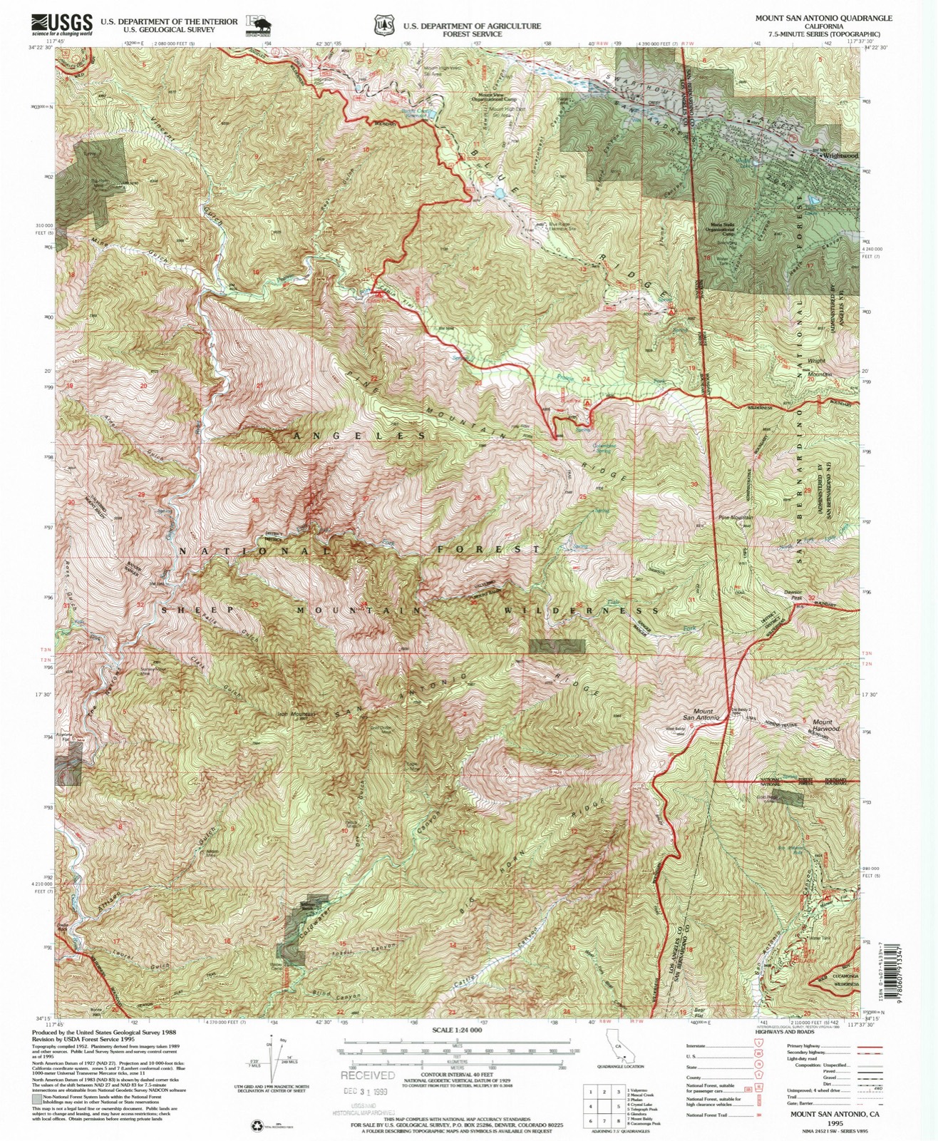 Topographic sheet of Wrightwood, surveyed 1995