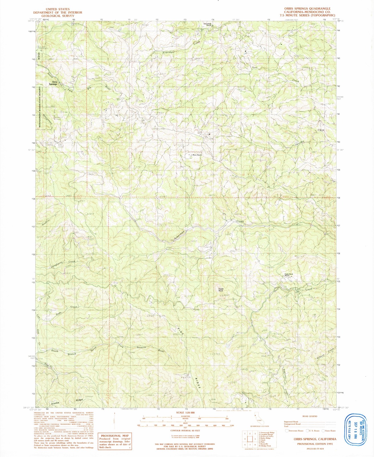 Topographic sheet of Orrs Springs, surveyed 1991