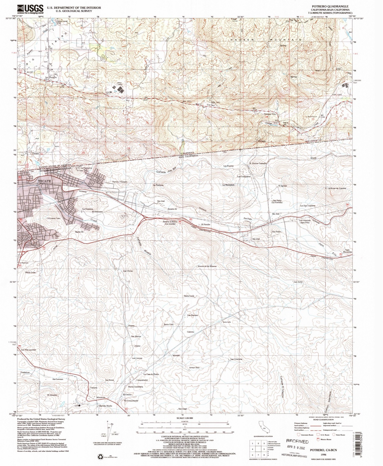 Topographic sheet of Potrero, surveyed 1996