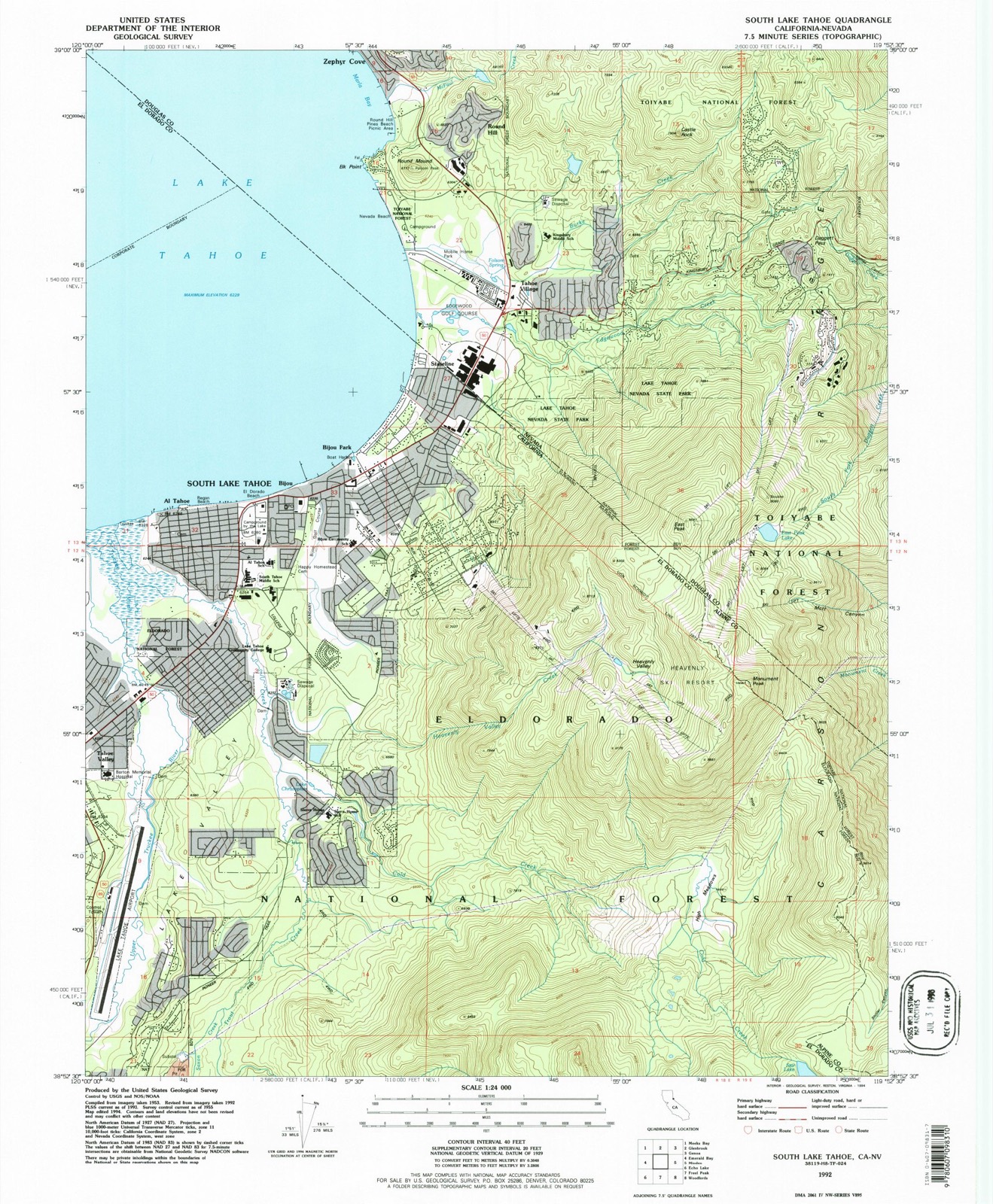 Topographic sheet of Stateline, surveyed 1992
