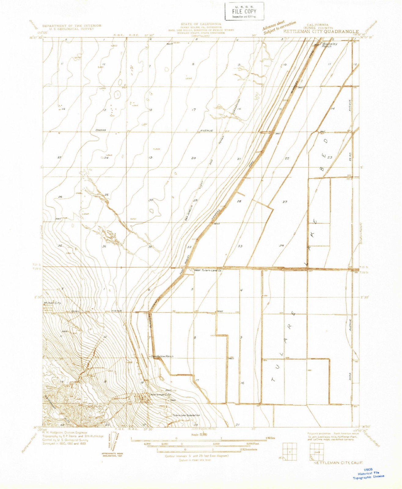 Topographic sheet of Kettleman City, surveyed 1933