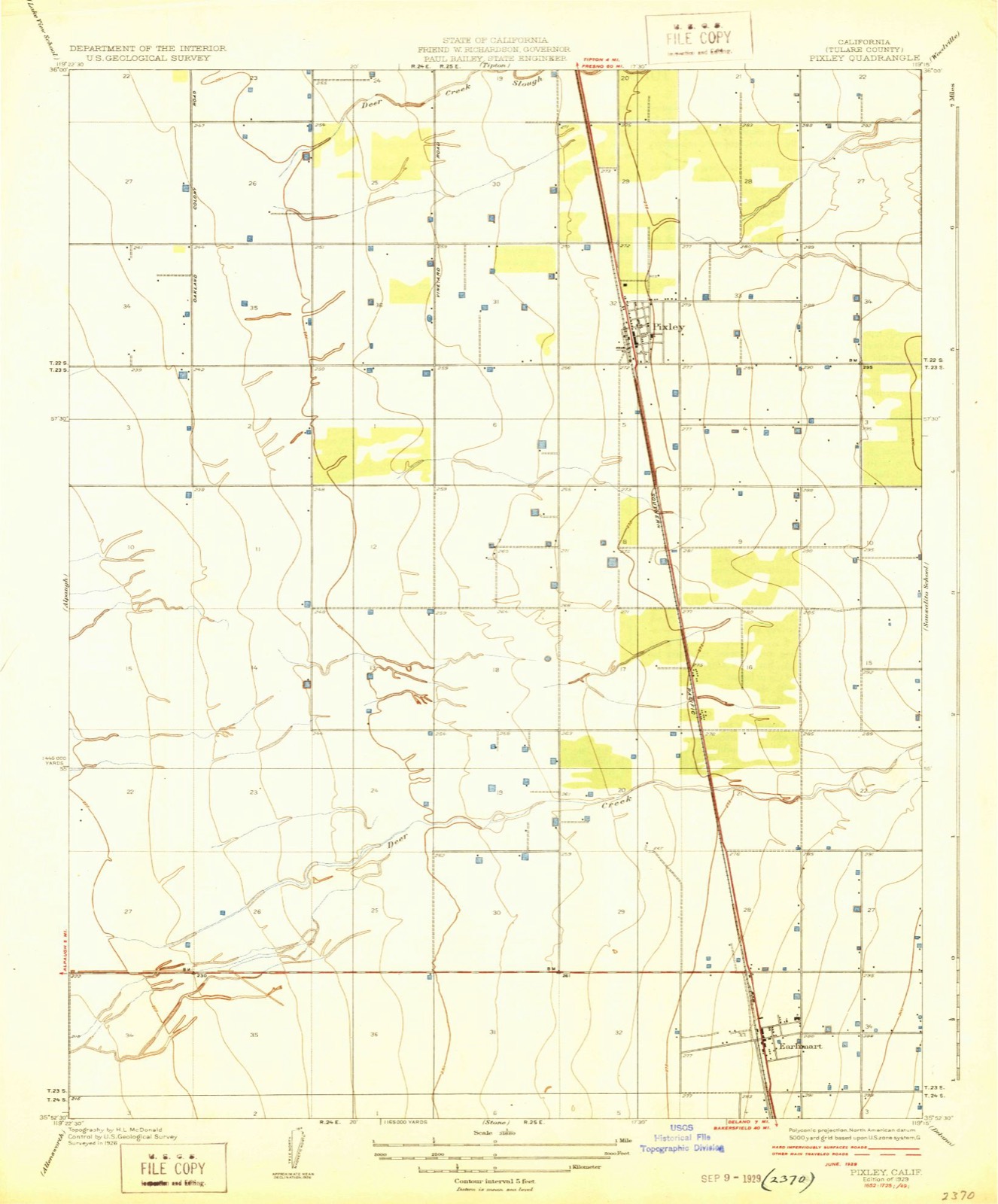 Topographic sheet of Pixley, surveyed 1929
