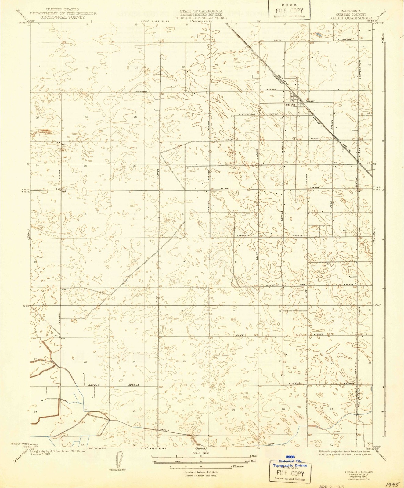 Topographic sheet of Raisin City, surveyed 1925