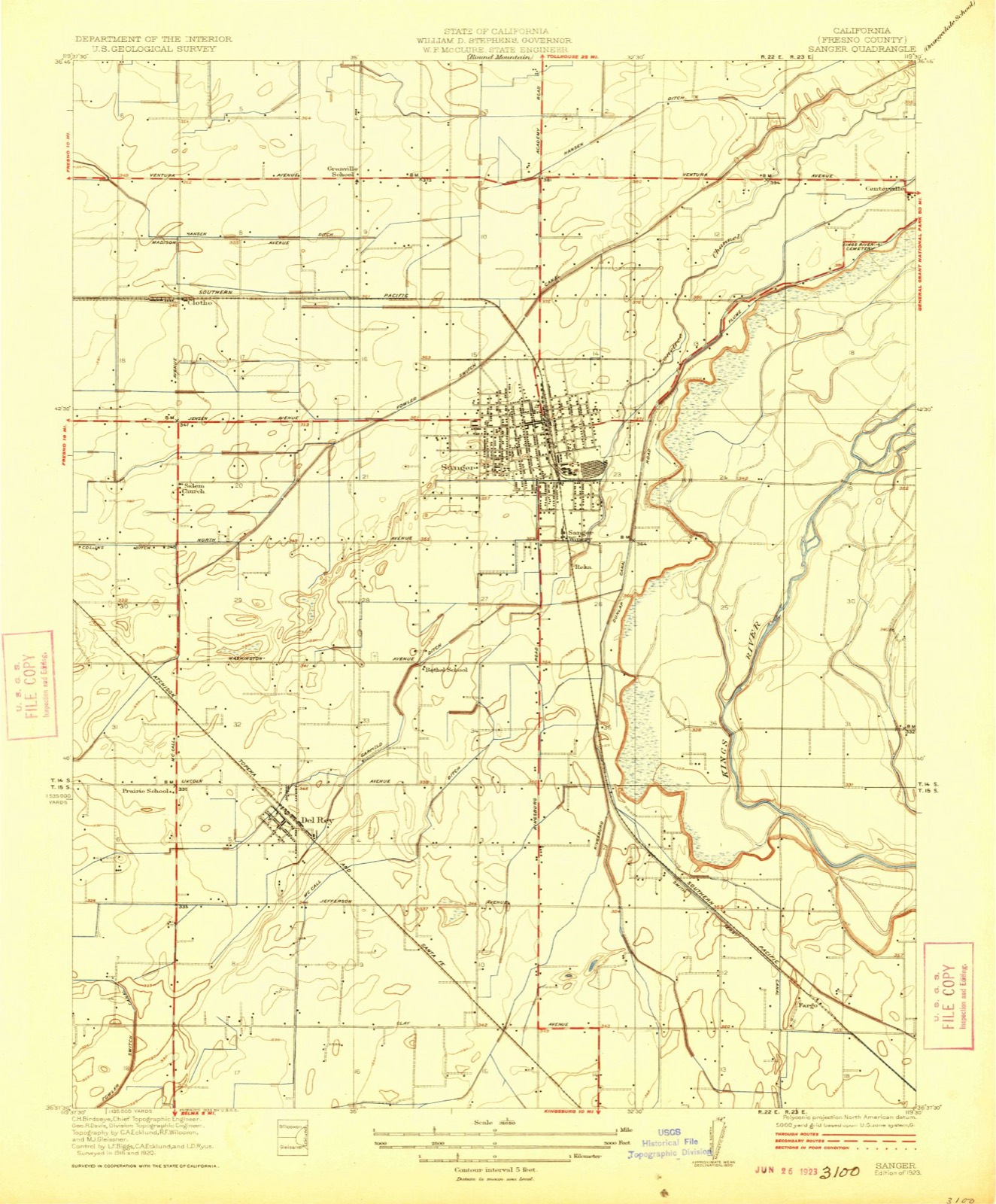 Topographic sheet of Del Rey, surveyed 1923