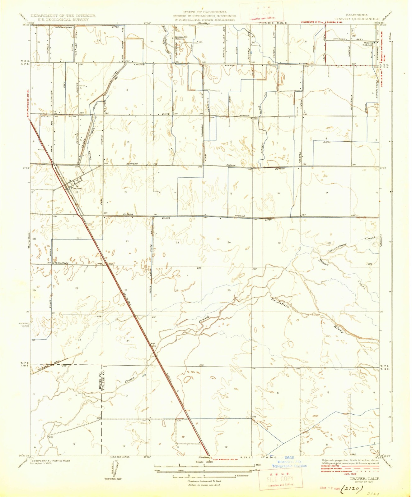 Topographic sheet of Traver, surveyed 1927