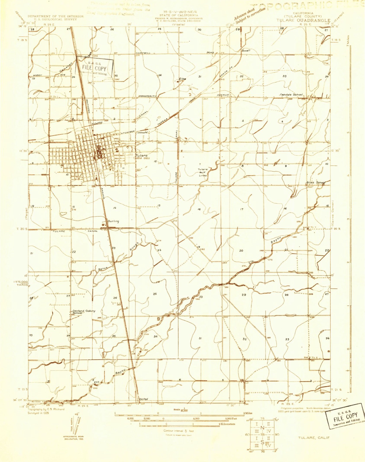 Topographic sheet of Tulare, surveyed 1925