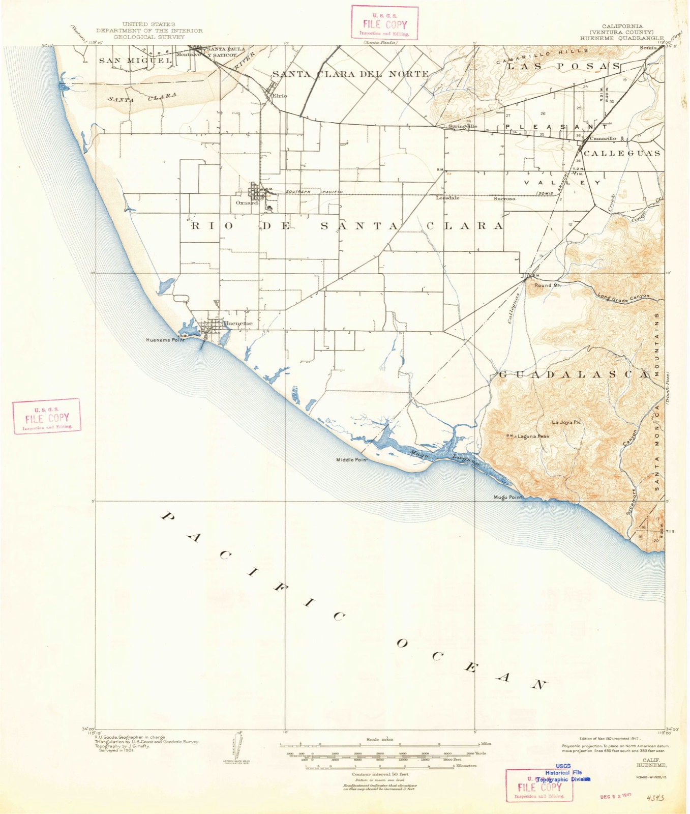 Topographic sheet of Oxnard Beach, surveyed 1904