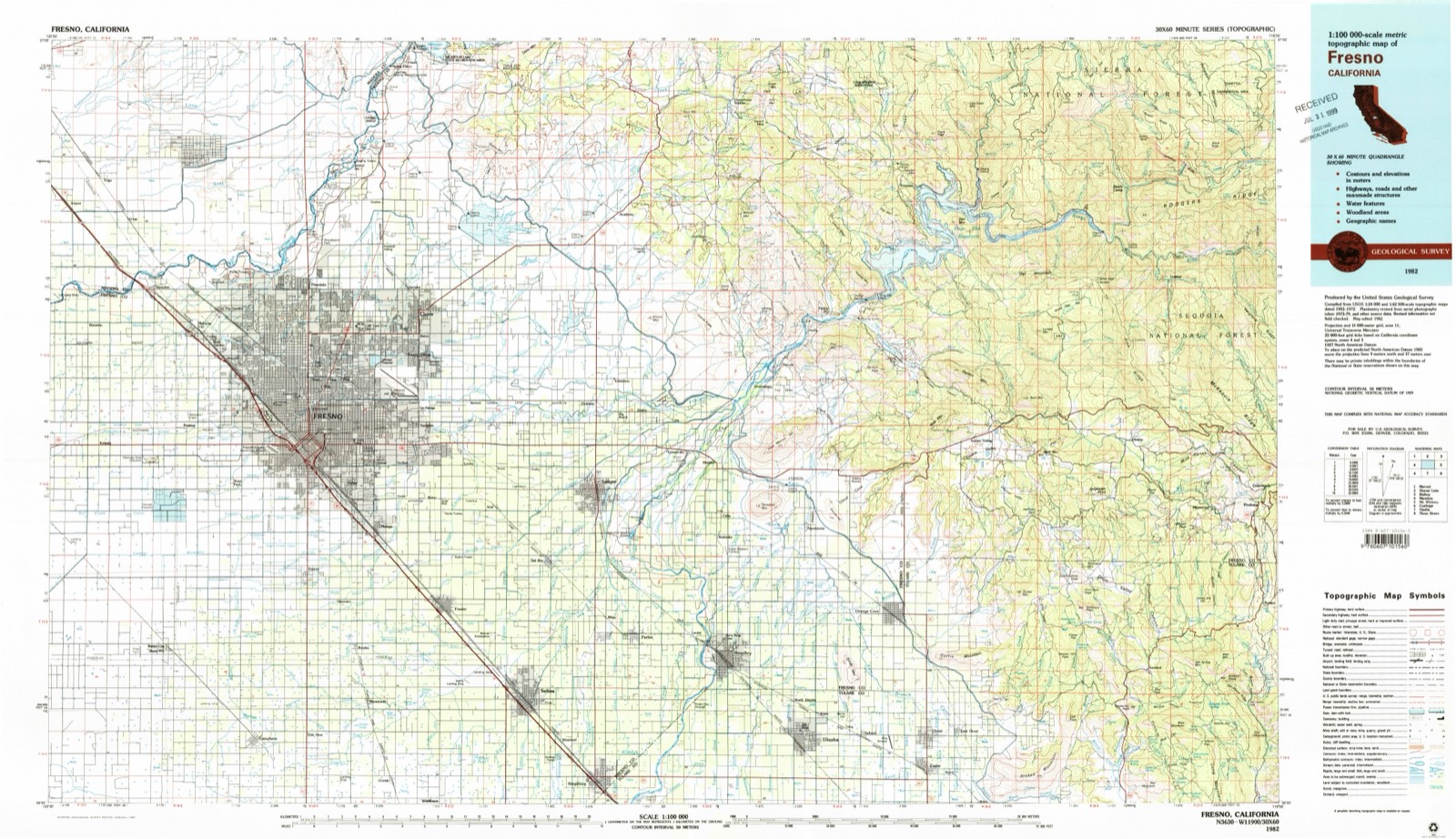 Topographic sheet of Dinuba, surveyed 1982