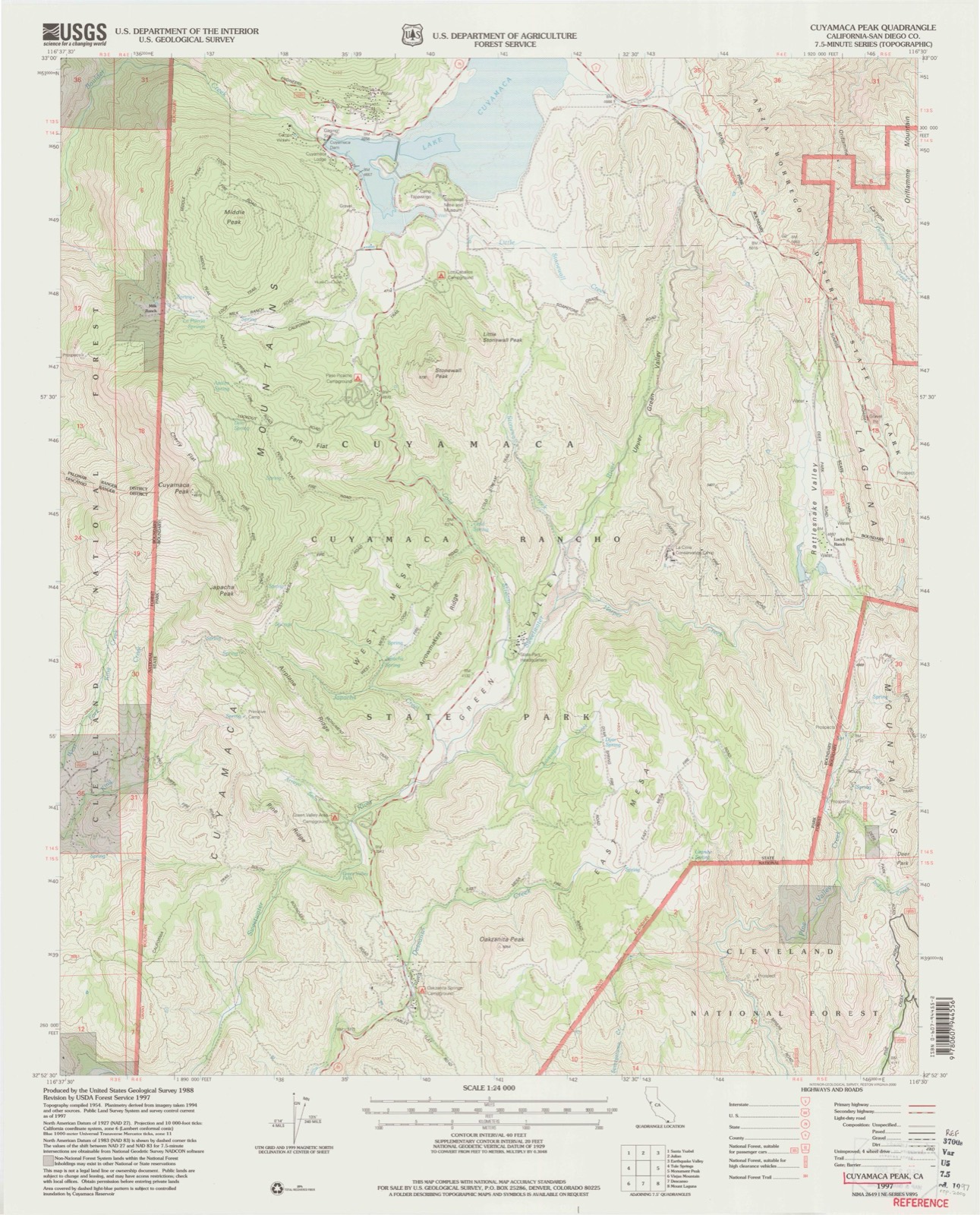 Topographic sheet of Cuyamaca (historical), surveyed 1997
