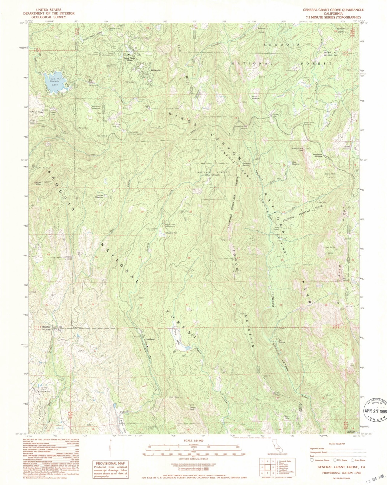 Topographic sheet of Grant Grove Village, surveyed 1993