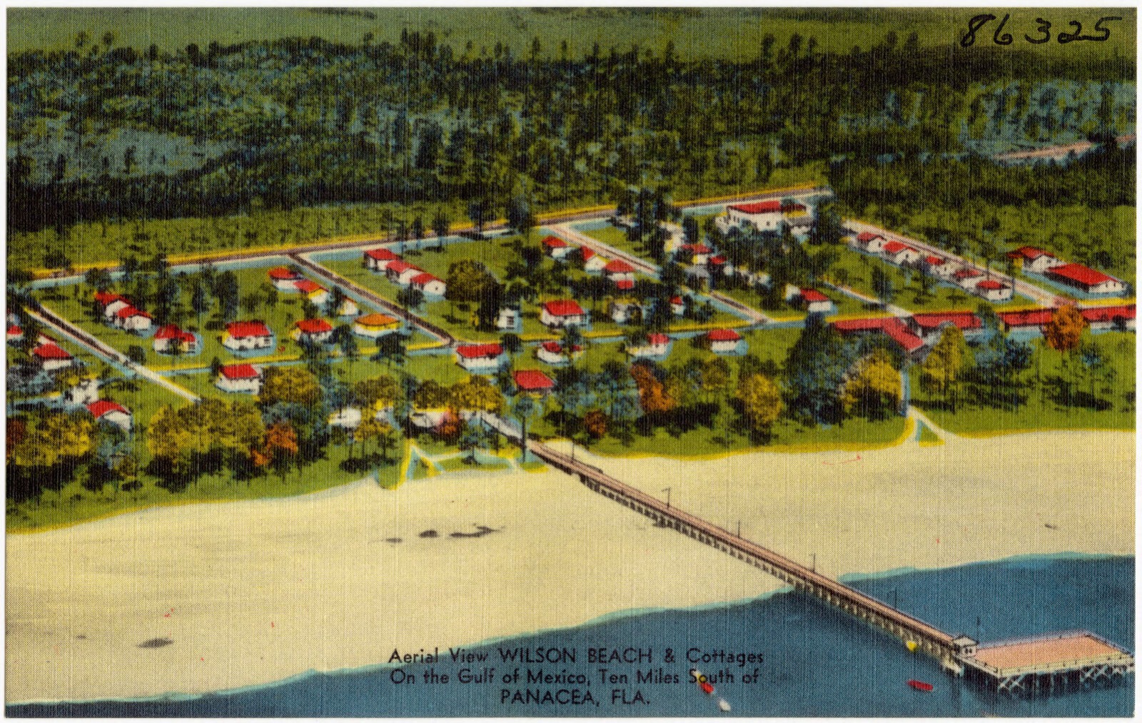 Aerial view, Wilson Beach & Cottages, on the Gulf of Mexico, ten miles south of Panacea, Fla., Boston Public Library - undated