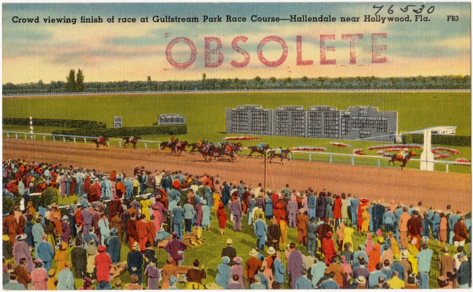 Crowd viewing finish of race at Gulfstream Park Race Course- Hallendale near Hollywood, Fla., Boston Public Library - undated