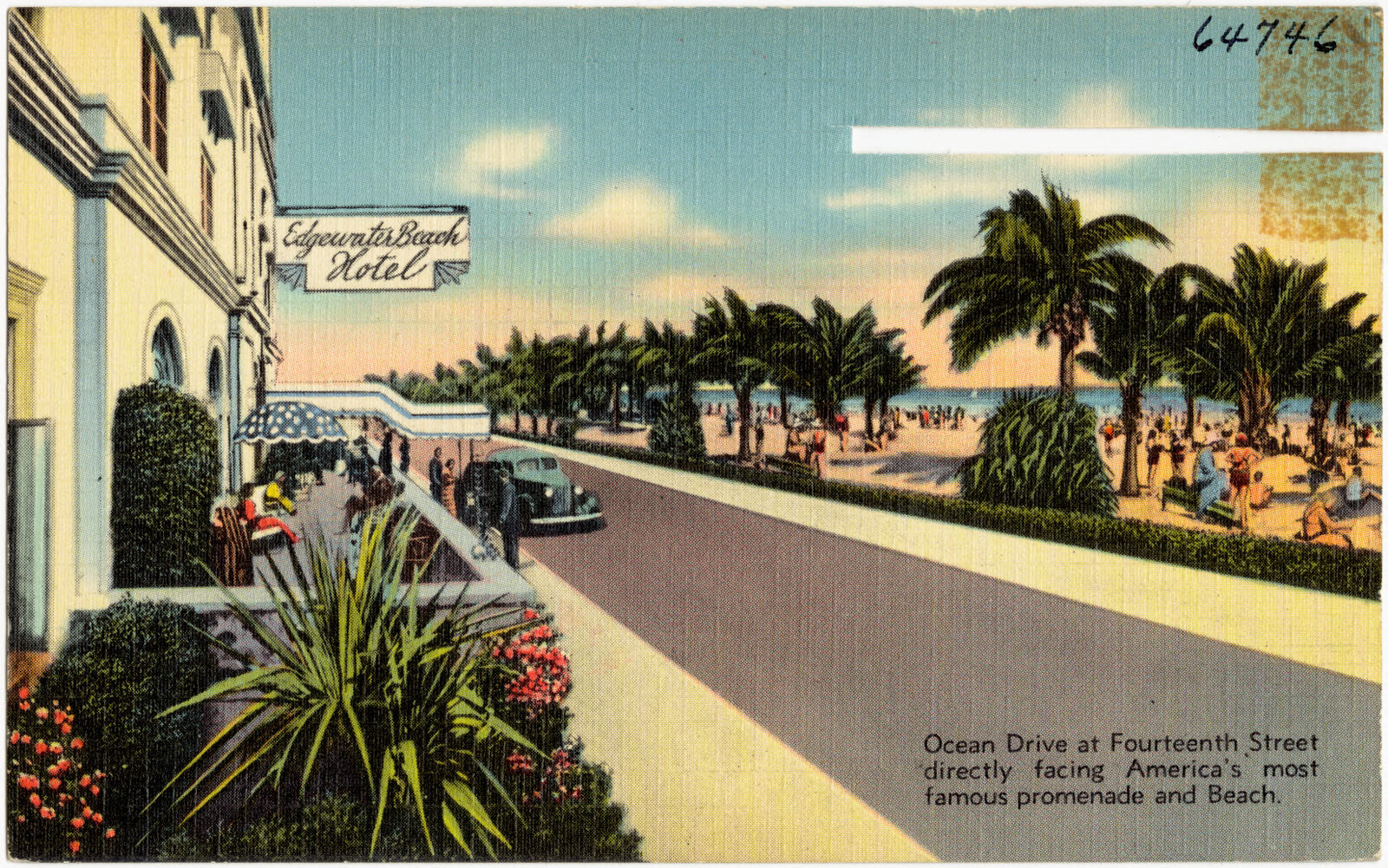 Ocean Drive at Fourteenth Street directly facing America's most famous promenade and beach, Boston Public Library - undated