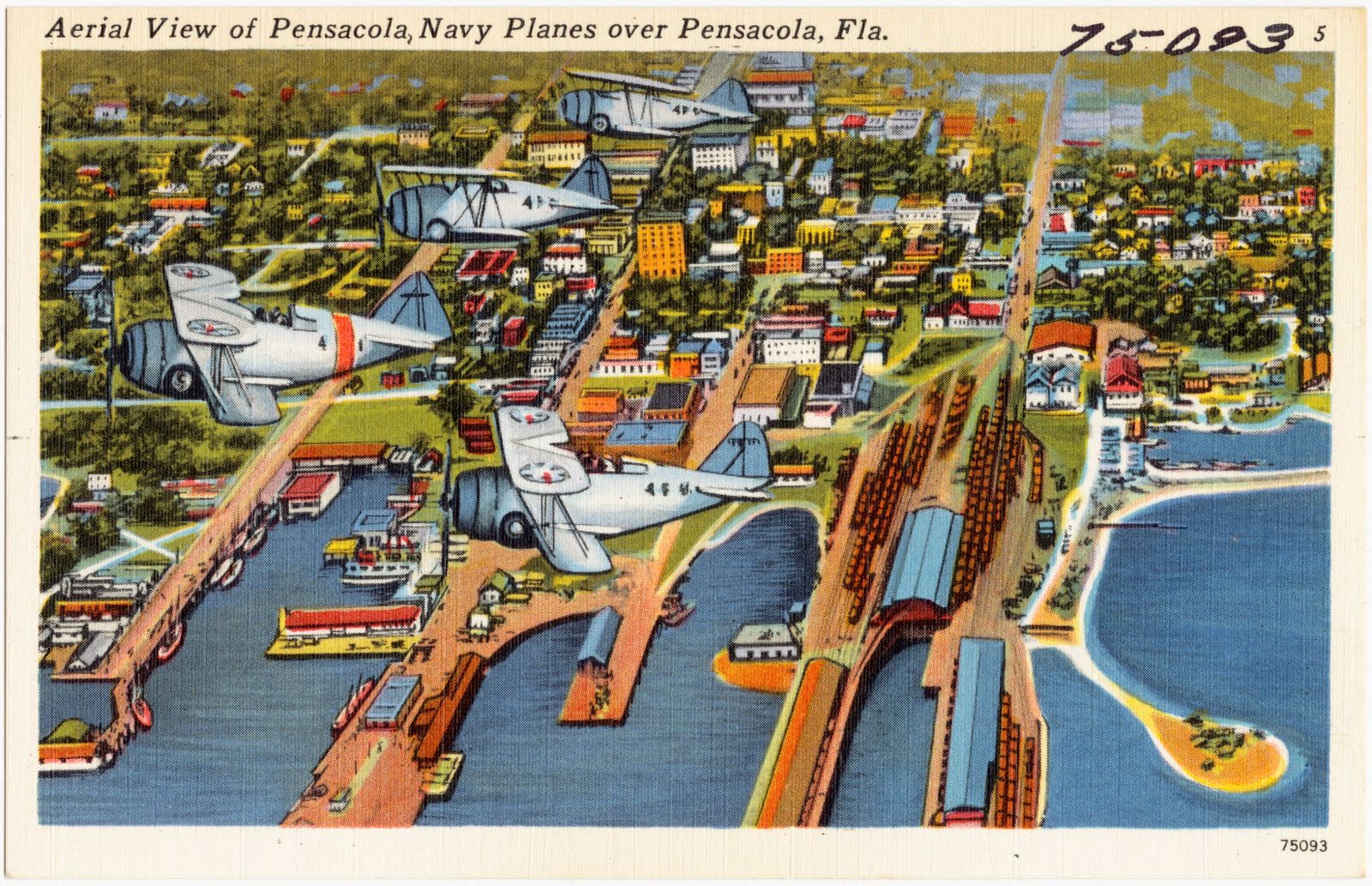 Aerial view of Pensacola, navy planes over Pensacola, Florida, Boston Public Library - undated