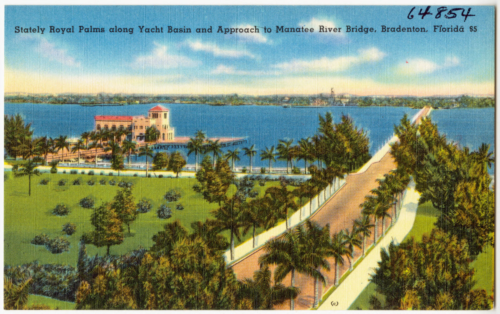 Stately royal palms along yacht basin and approach to Manatee River Bridge, Bradenton, Florida, Boston Public Library - undated