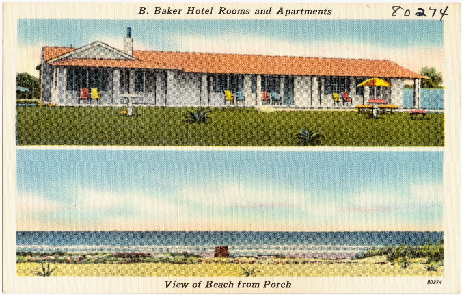 B. Baker Hotel rooms and apartments, view of beach from porch, Boston Public Library - undated