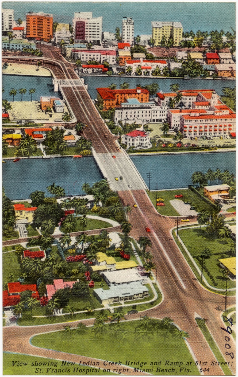 View showing New Indian Creek Bridge and ramp at 61st Street, St. Francis Hospital on right, Miami Beach, Florida, Boston Public Library - undated