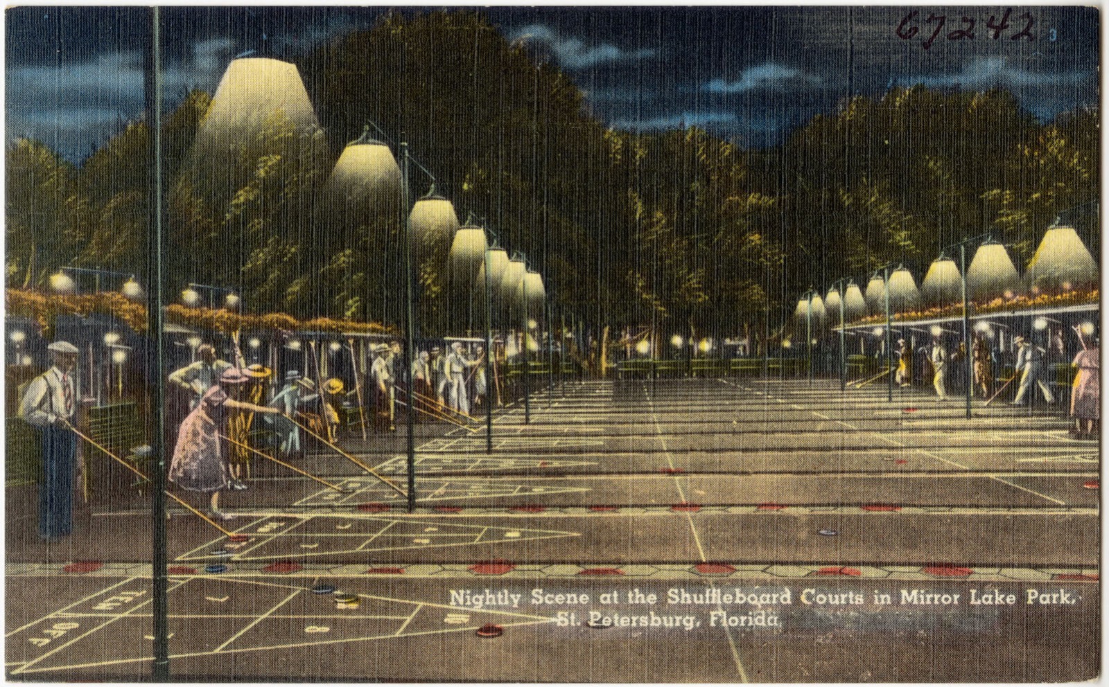 Nightly scene at the shuffleboard courts in Mirror Lake Park, St. Petersburg, Florida, Boston Public Library - undated