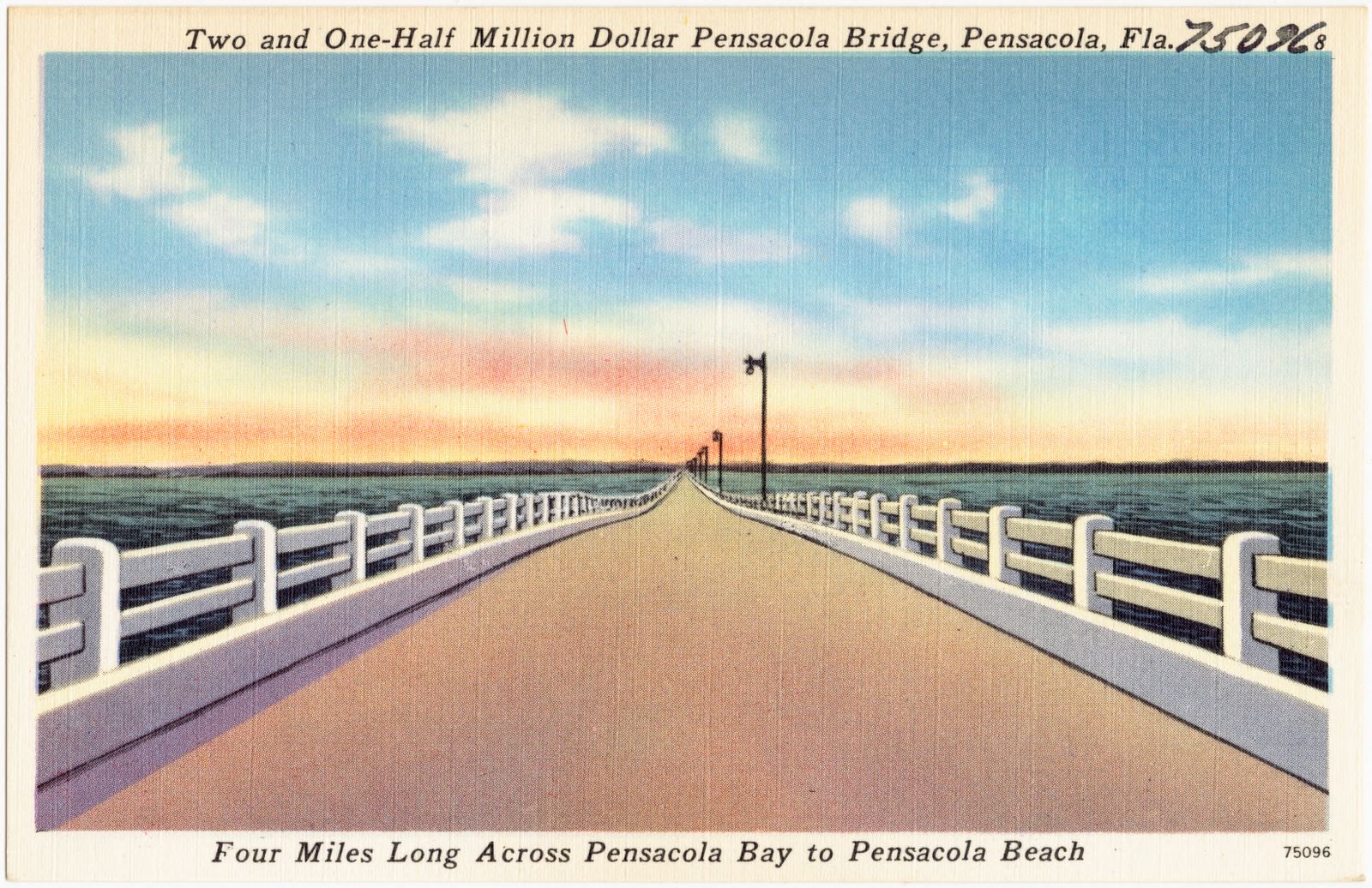 Two and one-half million dollar Pensacola Bridge, Pensacola, Florida. Four miles long across Pensacola Bay to Pensacola Beach, Boston Public Library - undated