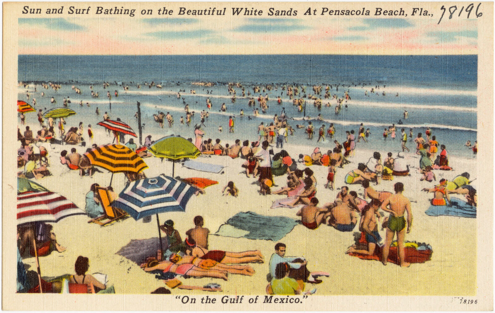 Sun and surf bathing on the beautiful white sands at Pensacola Beach, Florida, Boston Public Library - undated