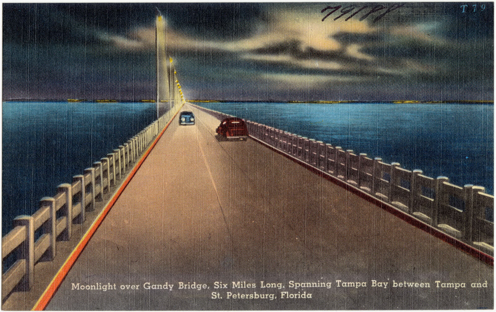 Moonlight over Gandy Bridge, six miles long, spanning Tampa Bay between Tampa and St. Petersburg, Florida, Boston Public Library - undated