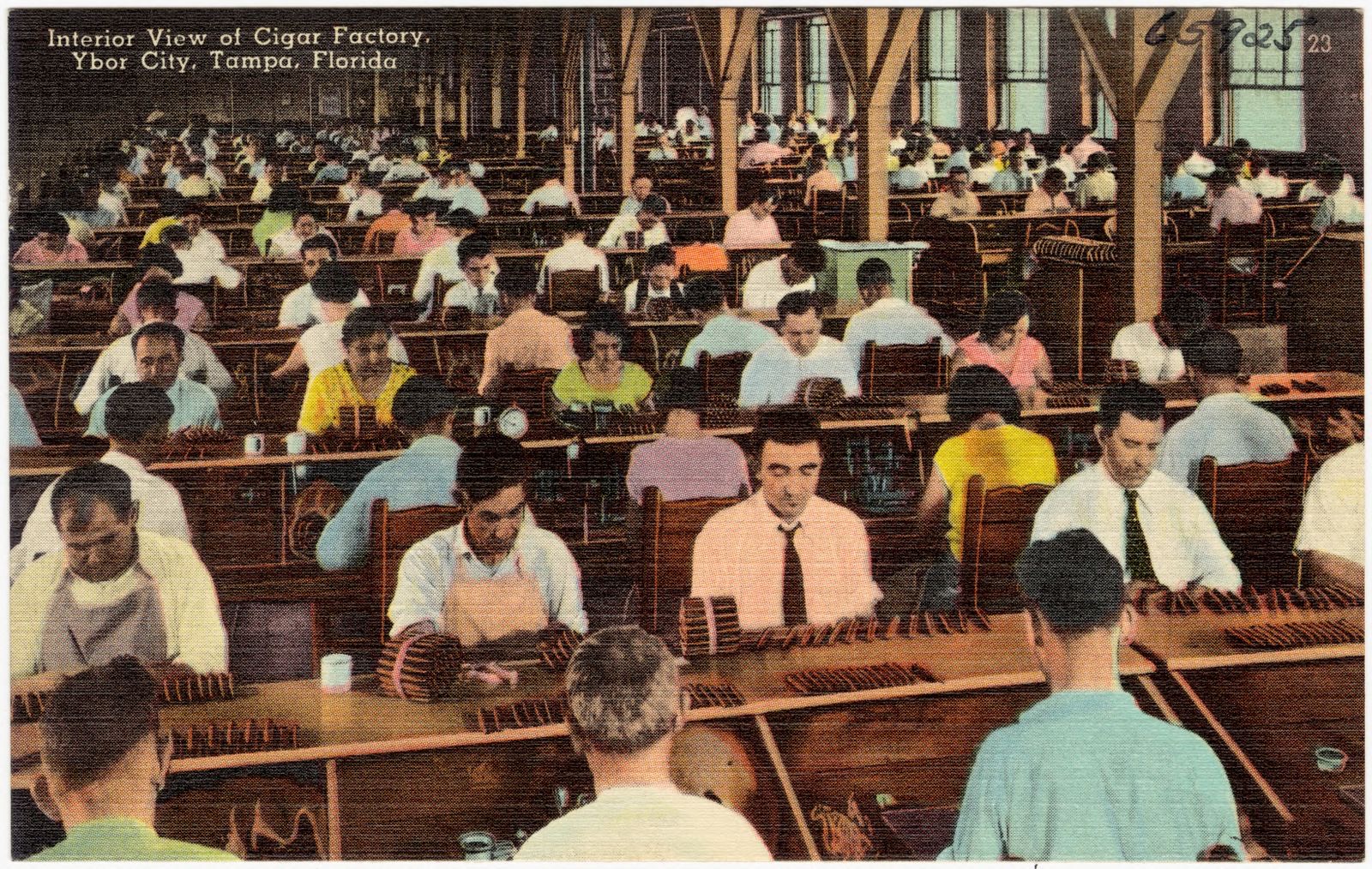 Interior view of cigar factory, Ybor City, Tampa, Florida, Boston Public Library - undated