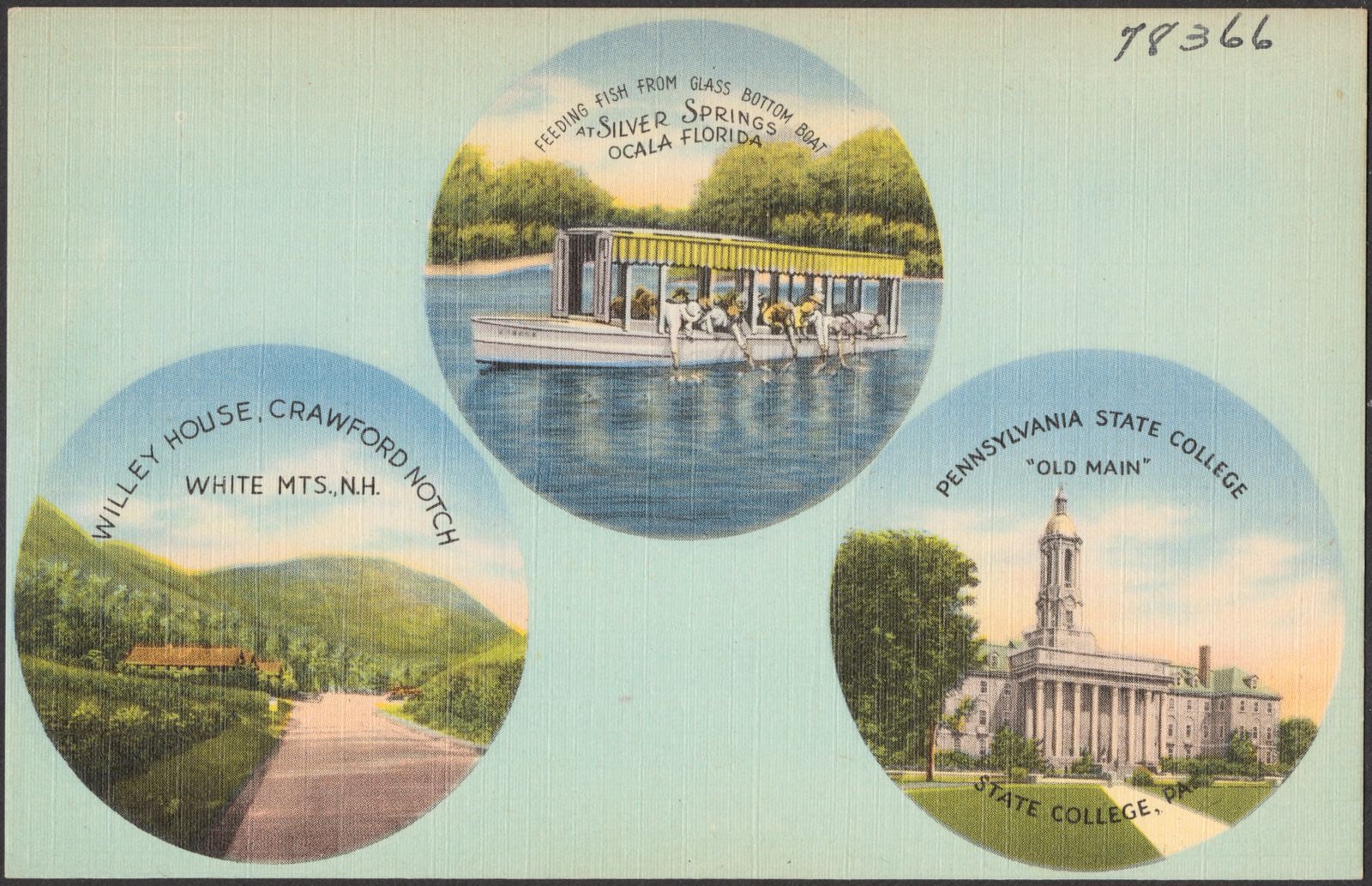 Feeding fish from glass bottom boat at Silver Springs, Ocala, Florida. WIlley House, Crawford Notch, White Mts., N.H. Pennsylvania State College "Old Main", State College, Pa., Boston Public Library - undated