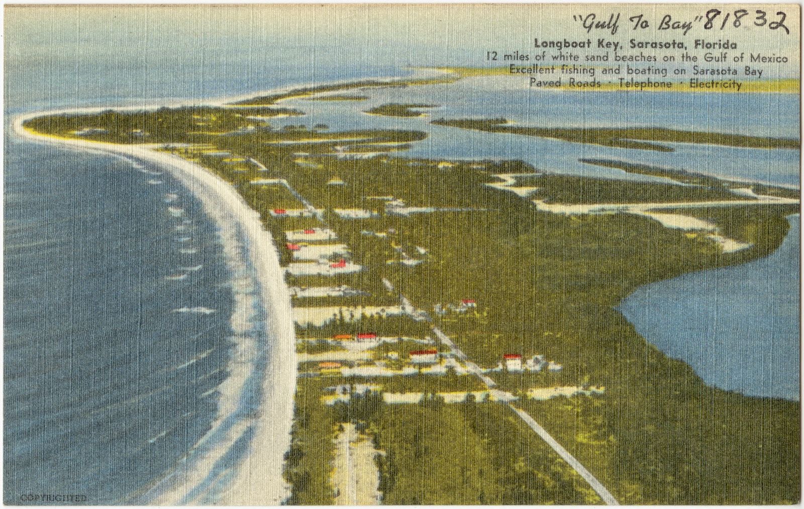 "Gulf to Bay," Longboat Key, Sarasota, Florida, 12 miles of white sand beaches on the Gulf of Mexico, excellent fishing and boating on Sarasota bay, Boston Public Library - undated