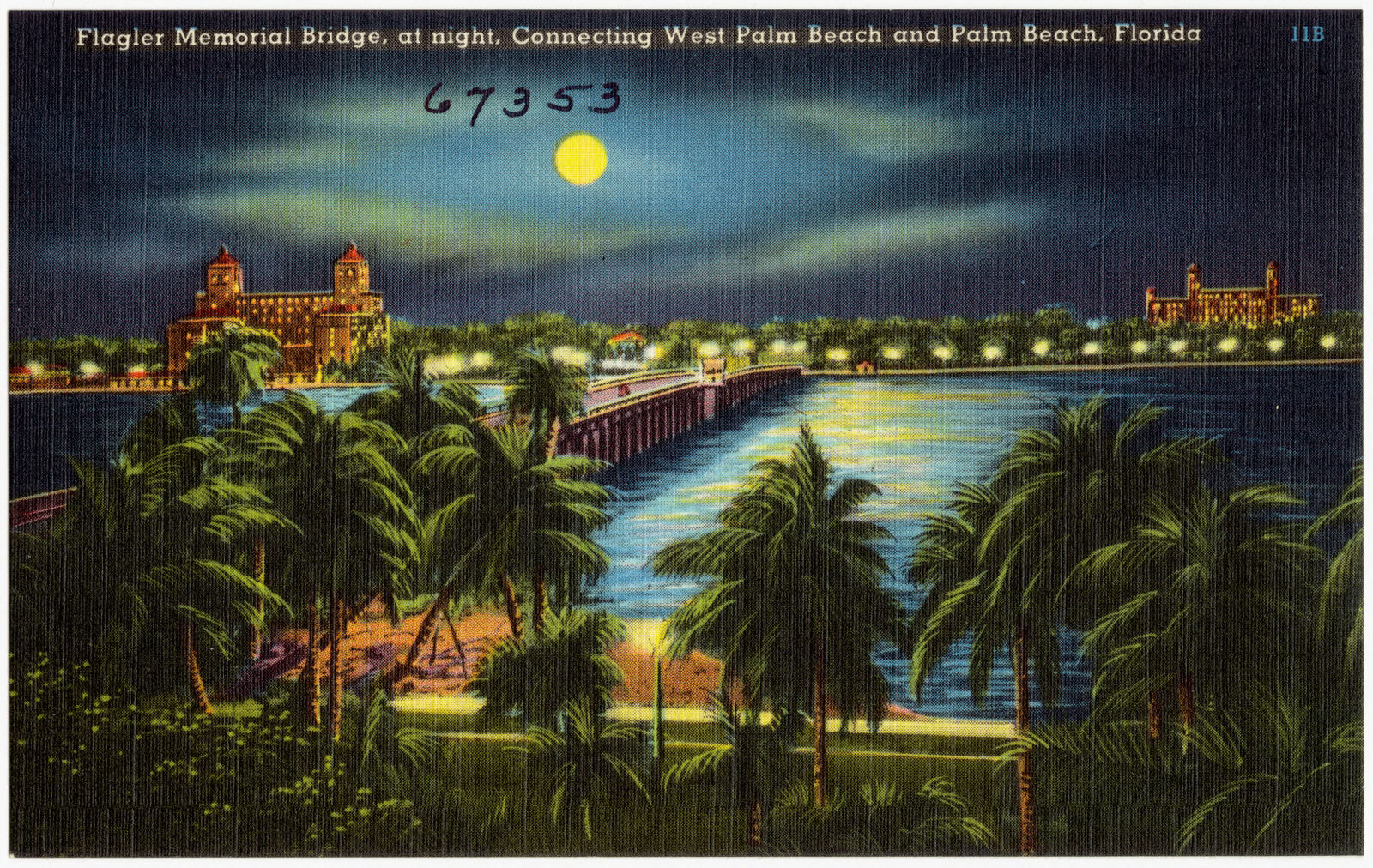 Flagler Memorial Bridge, at night, connecting West Palm Beach and Palm Beach, Florida, Boston Public Library - undated